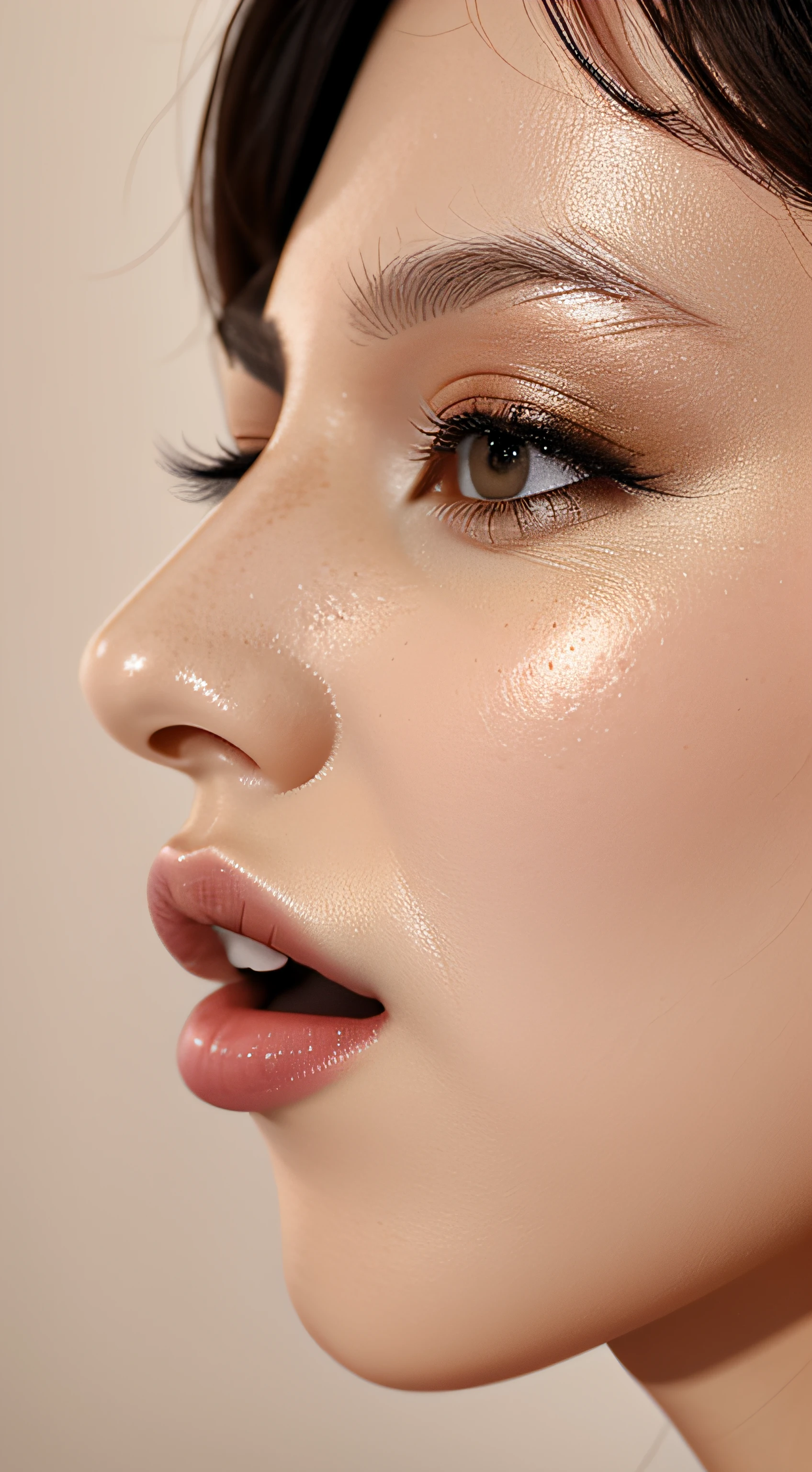 table top,,Awards - Award-winning photos, very detailed, focus the eyes clearly, nose and mouth,face focus, woman with open mouth and closed eyes, nude、35 years old,black haired、symmetrical face,realistic nostrils、angle from below、elongated C-shaped nostrils,,,,,,,,,,,,,,,,,,,,,,,,,,,,,,,,,,,,NSFW,white background、sweaty skin、Lighting that emphasizes the skin that shines with sweat、((hook nose))Skin shiny with sweat、shiny skin、(wet and shiny tongue)