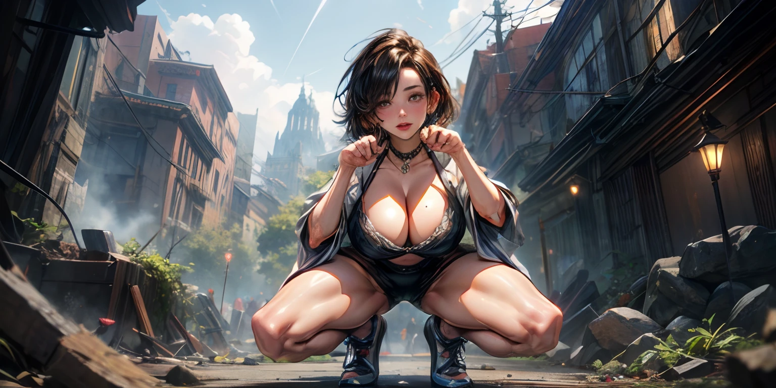 short hair, black hair, multicolored hair, (paw pose:1.4) breasts, squatting, underwear, bra, jewelry, panties, 1girl, sky, outdoors, cleavage, black_bra, cloud, black_footwear, street, road, building, day, blush, looking_at_viewer, shiny_skin, skirt, lace, black_panties, thighs, high_heels, solo, shiny, blue_sky, mole_on_breast, teeth, lingerie, asymmetrical_bangs, shoes, glow effects, godrays, Hand drawn, render, 8k, octane render, cinema 4d, blender, dark, atmospheric 4k ultra detailed, cinematic, Sharp focus, big depth of field, Masterpiece, colors, 3d octane render, 4k, concept art, trending on artstation, hyperrealistic, Vivid colors, extremely detailed CG unity 8k wallpaper, trending on CGSociety, Intricate, High Detail, dramatic