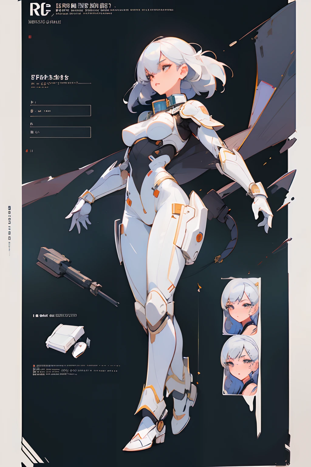 ((masterpiece))), (((best quality))), ((ultra-detailed)), ((an extremely delicate and beautiful)), ((1girl)), ((character concept art)), ((character design sheet, same character, front, side, back)), Top quality, ultra high resolution, (photorealistic: 1.4), jumpsuit, sci-fi, circuit plate mail, medium breasts, light hair, armour, space, knight, white hair, full body commission for, full body character design, interesting character design, very stylized character design, full character design, high quality character design, detailed character design, stylized character design, detailed full body concept, character design art, great character design, white background,