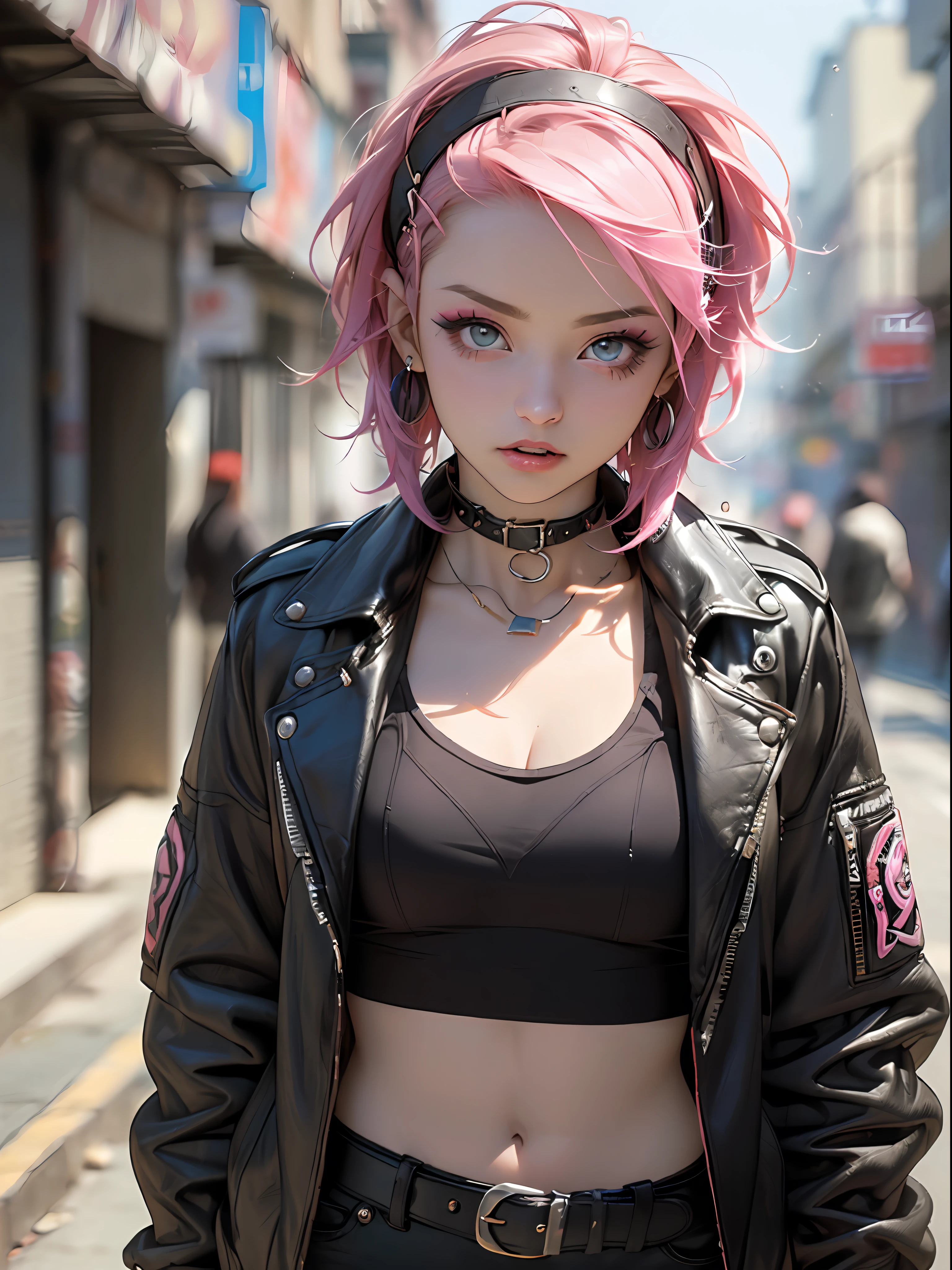 (top-quality、8K、32K、masterpiece、nffsw:1.3)、(Photorealsitic:1.4),18-year-old punk girl,Wacky punk hair,Radical punk fashion,Tank Tops、leather jackets、A pink-haired,Wacky makeup、Street background,Sun glare、lensflare、depth of fields,blurry backround,,,,,,,,,,,,