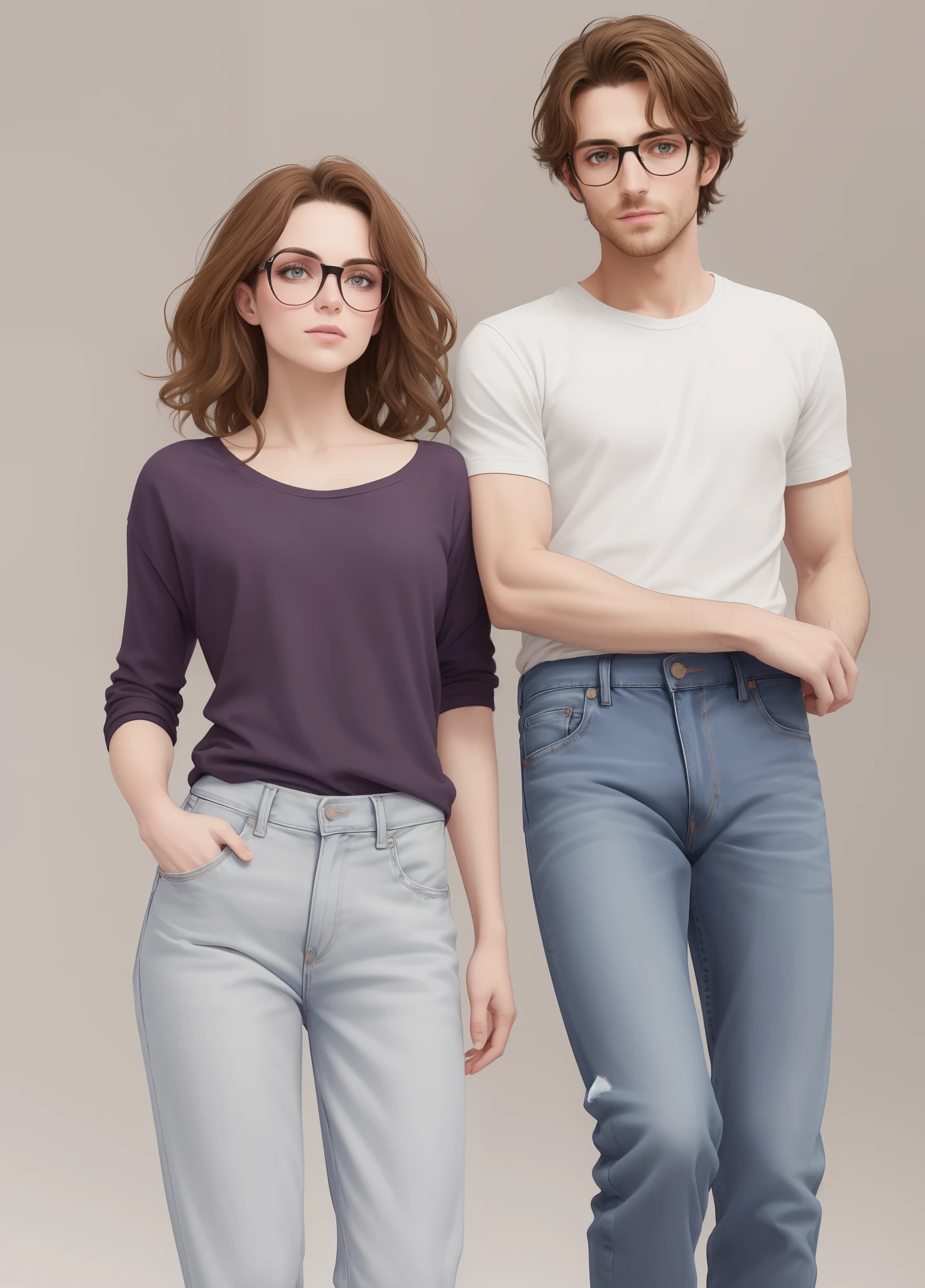 Dessin realiste couple, plusieurs postures différentes. L'homme caucasien est brun (cheveux court) aux yeux hazel, porte une chemise avec un pantalon. la femme caucasienne est brune aux yeux marron avec des lunettes, porte un tshirt et un jean.