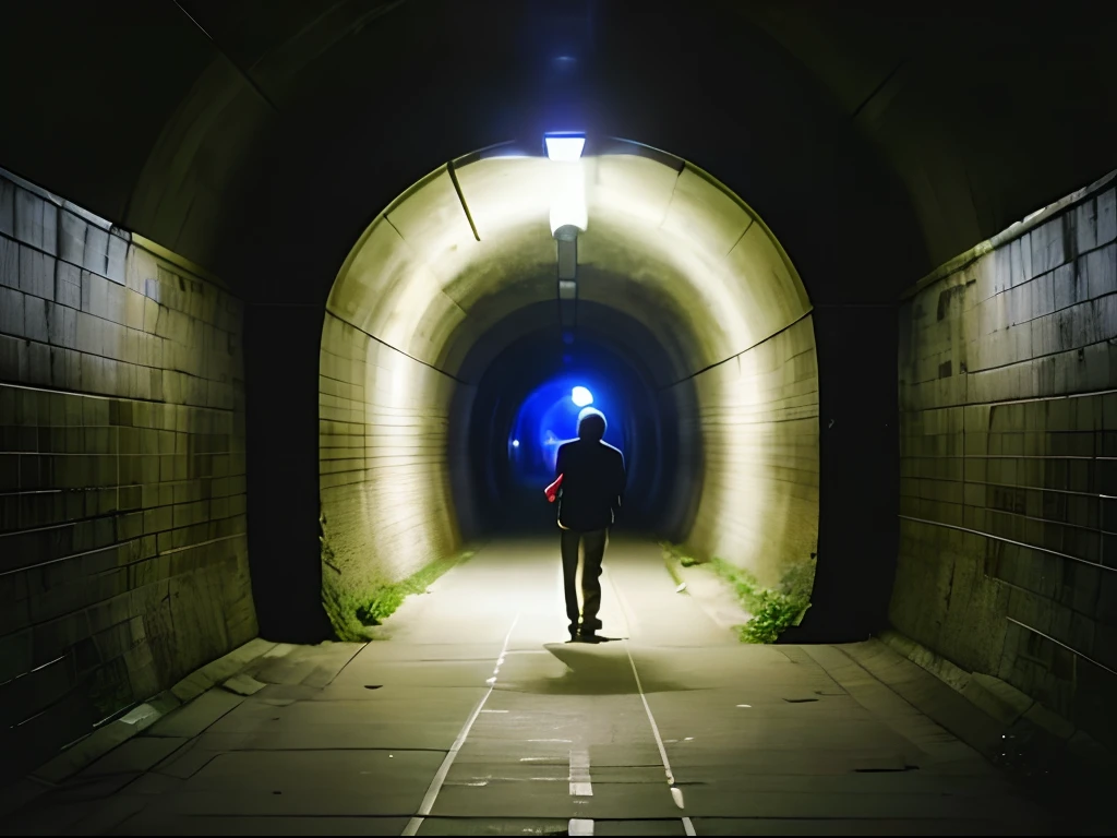 (masterpiece、top-quality、top-quality、Official Art、Beautifully Aesthetic:1.2)、 ((At midnight、A young man makes his way towards the tunnel))、(Man in the back)、 (Old Tunnel) 、 (deep in the night)、 The dim , (An old tunnel with an eerie atmosphere) , sense of terror , murky