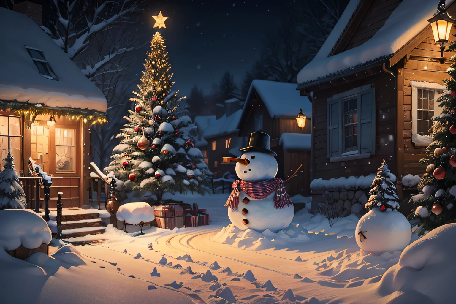 Snowy scene of a house with a snowman and christmas tree - SeaArt AI