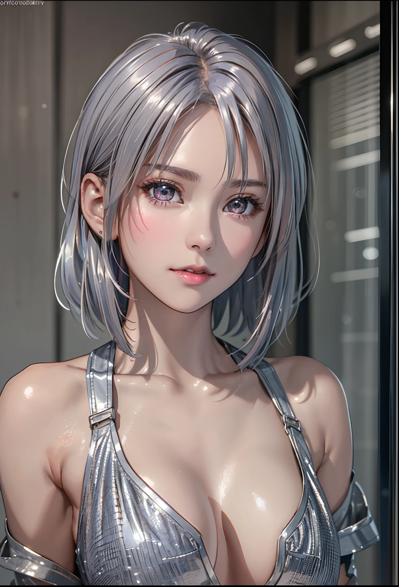 (8K, Photorealistic, Raw photo, of the highest quality: 1.3), (1girl in), Super beautiful, (Realistic face), (boyish, Silver Color Berry Shorthair), Beautiful , Glare that captivates the viewer, Beautiful expression, Beautiful breasts, (Realistic skin), Beautiful...