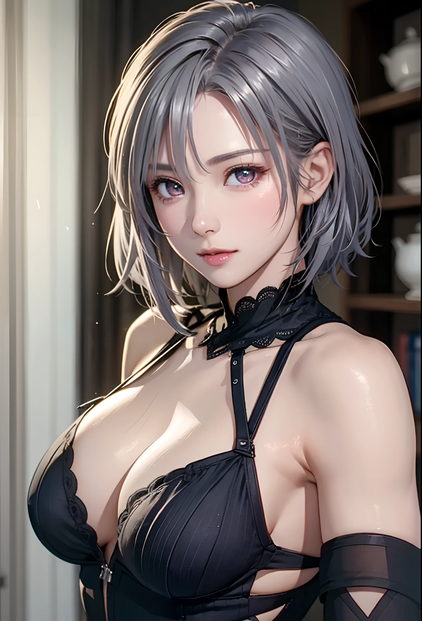 (8K, Photorealistic, Raw photo, of the highest quality: 1.3), (1girl in), Super beautiful, (Realistic face), (boyish, Silver Color Berry Shorthair), Beautiful , Glare that captivates the viewer, Beautiful expression, Beautiful breasts, (Realistic skin), Beautiful...