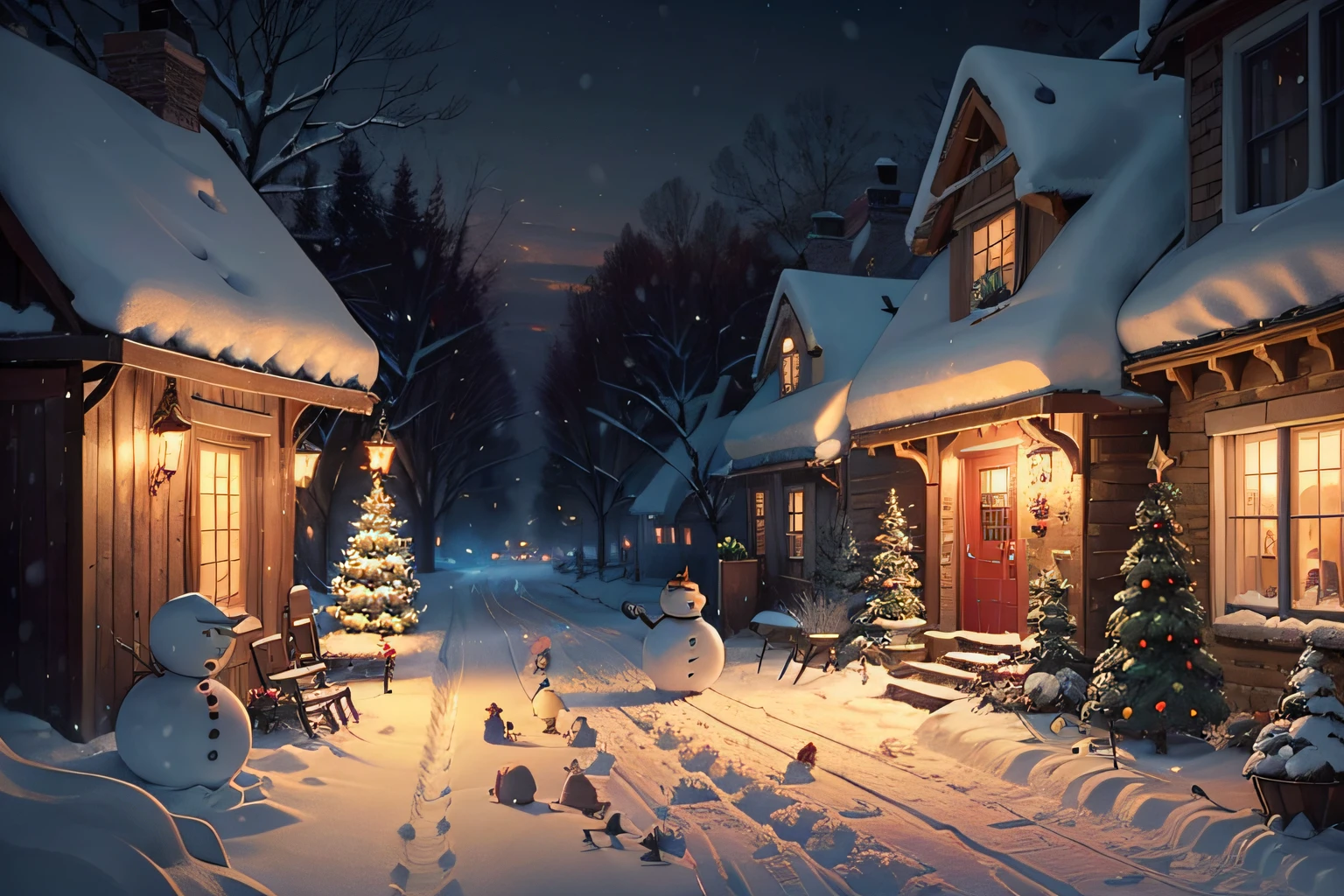 snowy scene of a snowy street with a snowman and christmas trees, winter scene fantasy, snowy winter scene, snowy winter christmas night, photorealistic matte painting, cozy cafe background, winter in the snow, highly detailed scene, inspired by Ernest William Christmas, cosy enchanted scene, thomas kinkade style, magical scene, thomas kinkade style painting, illustration! bonfire