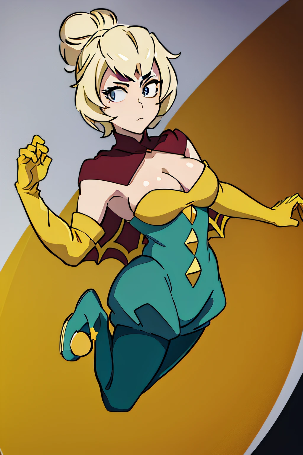 CHARLIEBS, BLONDE HAIR, HAIR BUN, SHORT HAIR, BODYSUIT, CLEAVAGE, CAPE, YELLOW GLOVES, ELBOW GLOVES, PANTYHOSE, GREEN FOOTWEAR