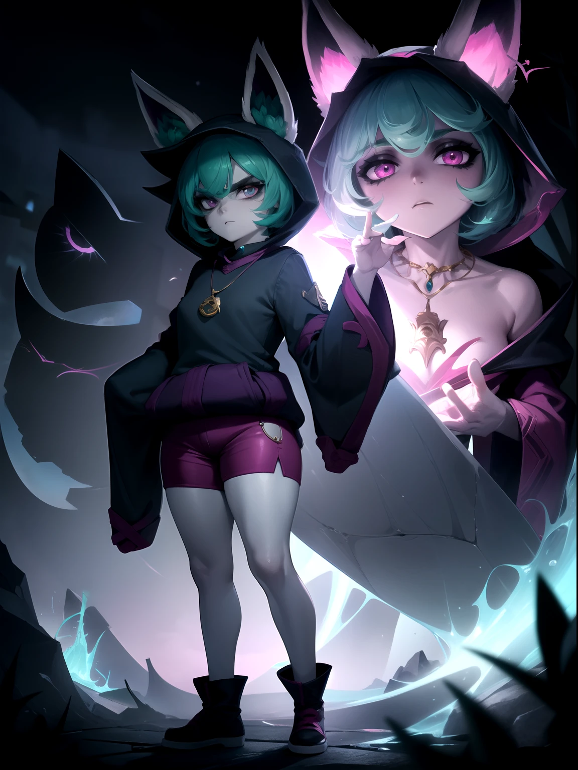 highres, masterpiece, perfect ligthing, bloom, cinematic lighting, adult, perfect skin, female, vex1, (grey skin:1.3), full body, standing, outdoors, sky, day, closed mouth, glare, looking at viewer, pink shorts, jewelry, necklace,very_long_sleeves,night