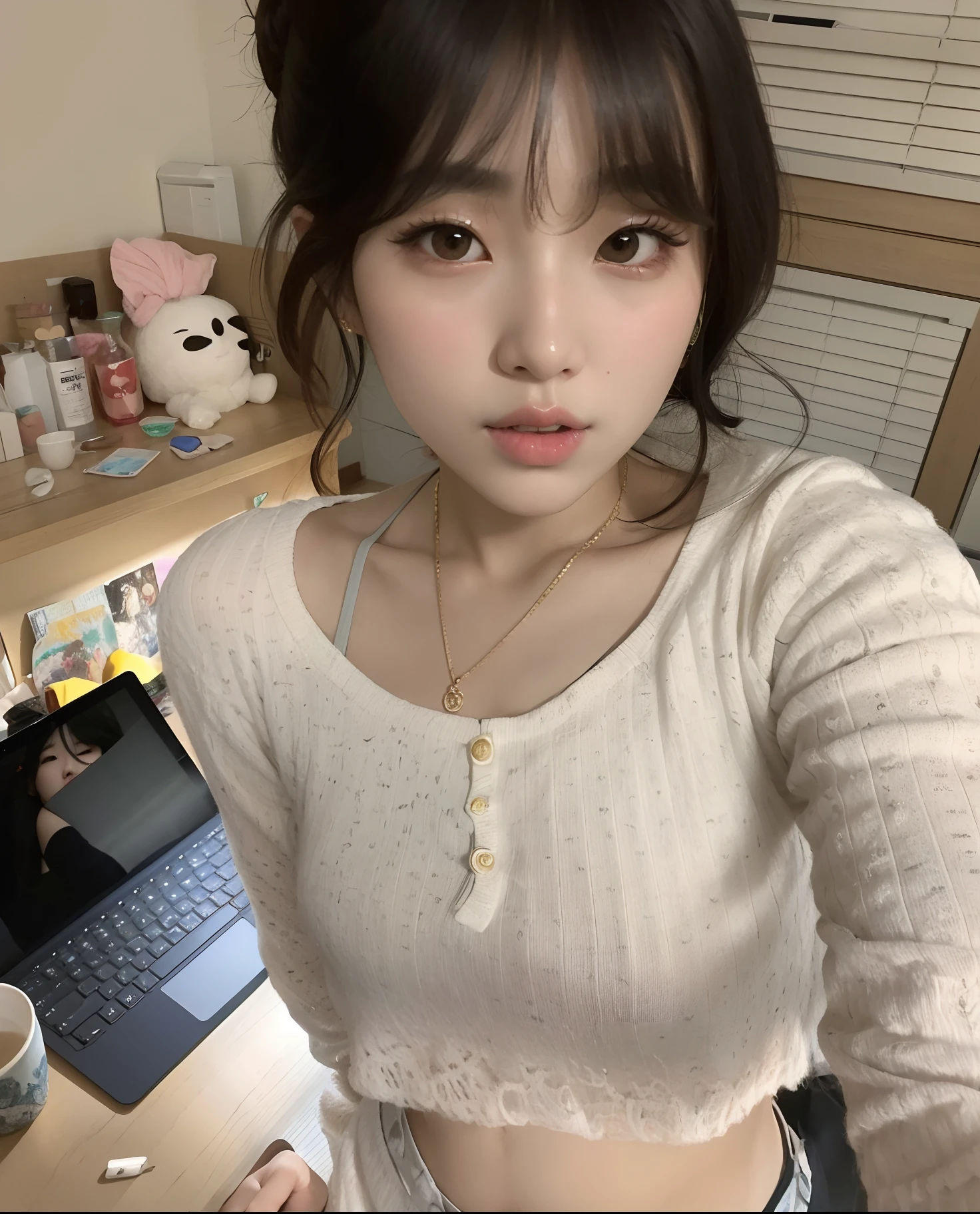 There's a woman standing in front of a laptop, Jinyoung Canela, menina coreana, Heonhwa Choe, Ulzzang, Jaeyeon Nam, Bae Suzy, Mulher sul-coreana bonita, young adorable korean face, com franja, linda mulher coreana jovem, com bonito - fino - rosto, mulher coreana jovem bonita, sem maquiagem, lindo rosto delicado, Chiho