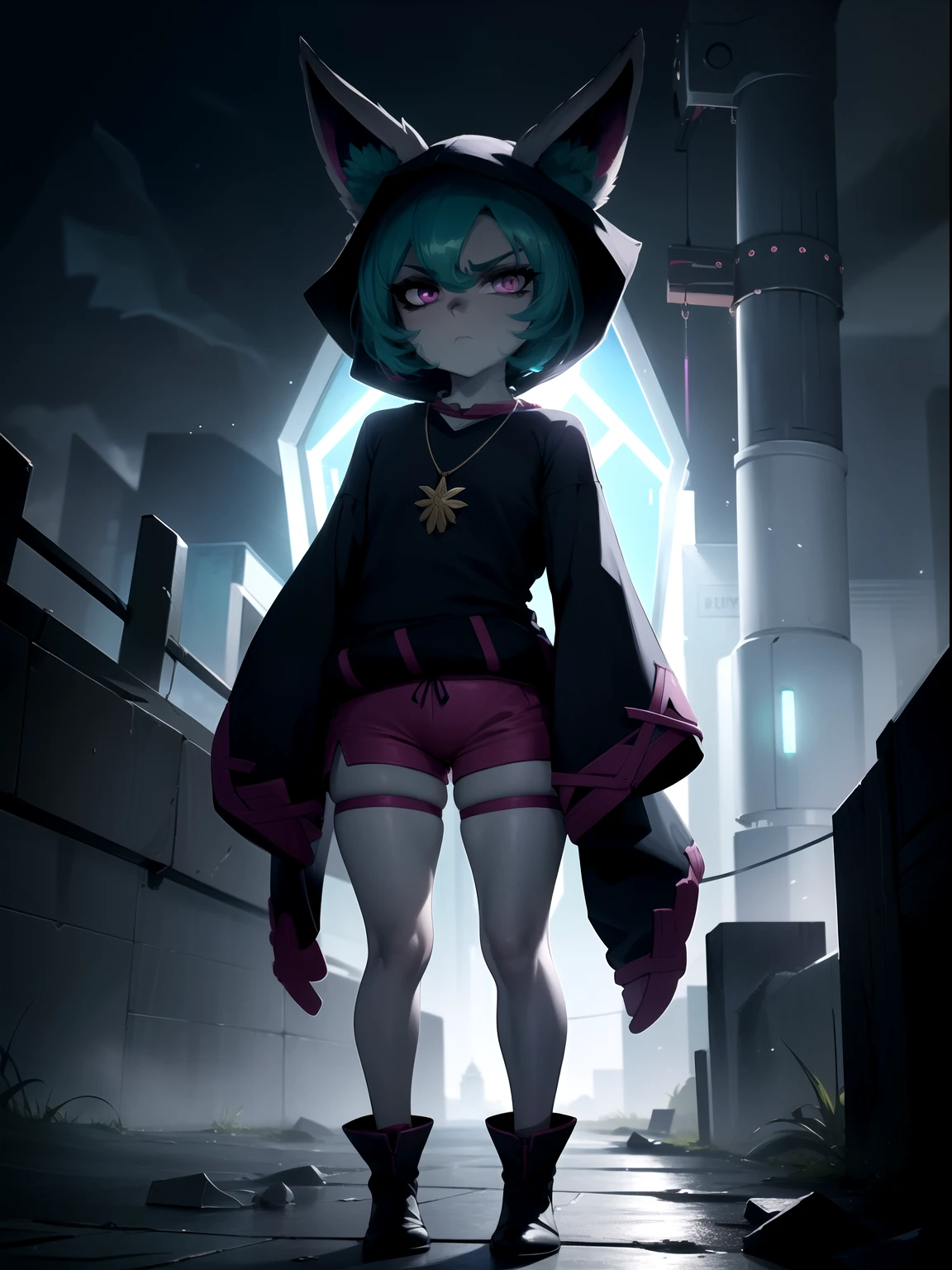 highres, masterpiece, perfect ligthing, bloom, cinematic lighting, adult, perfect skin, female, vex1, (grey skin:1.3), full body, standing, outdoors, sky, day, closed mouth, glare, looking at viewer, pink shorts, jewelry, necklace,very_long_sleeves,night