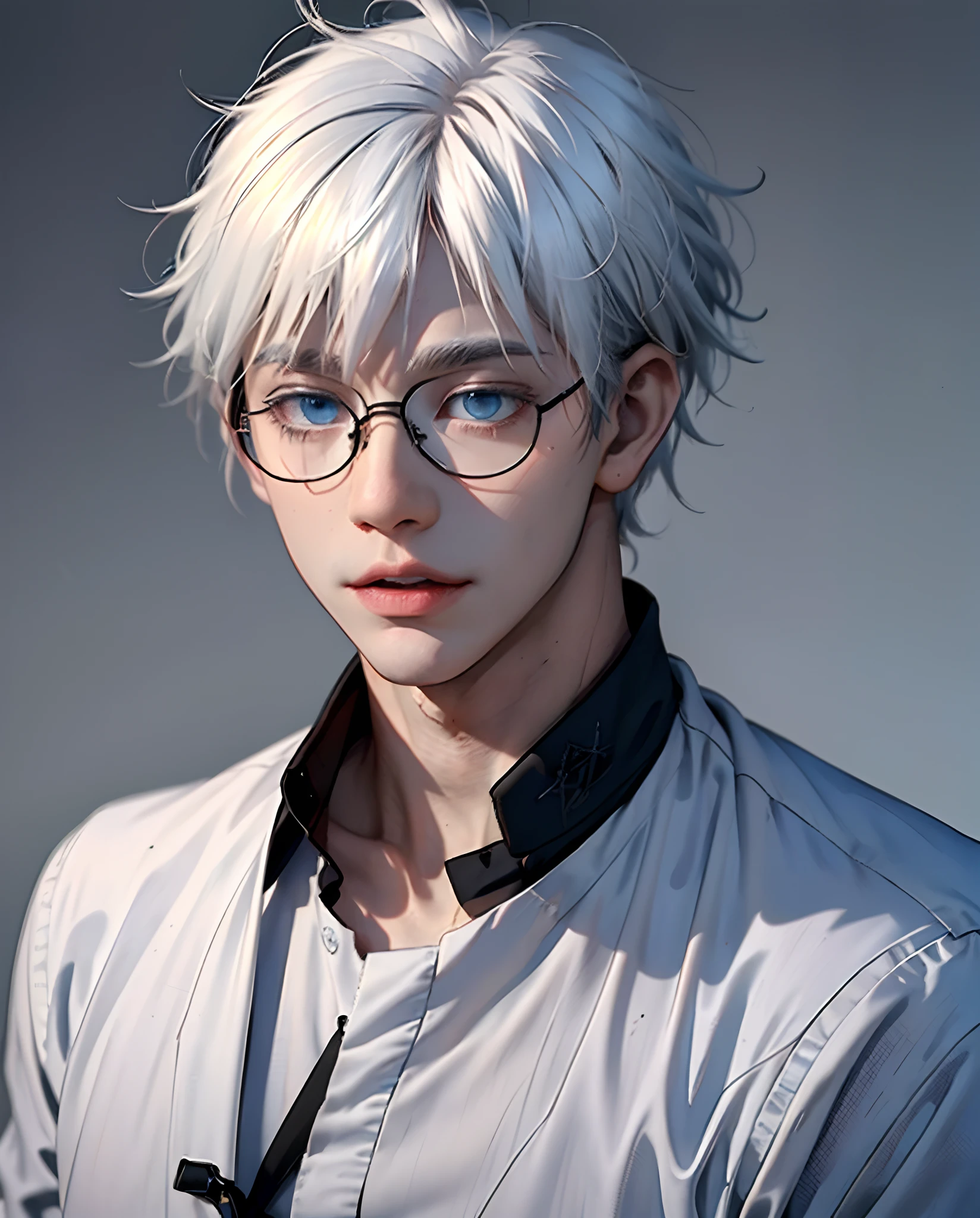 ((masterpiece, best quality)), (1boyl), (solo), (male focus), gojo\(jujutsu kaisen\),(very detailed face, real image, realistic skin, realistic body, intricate details), black round glasses, upper body, focus on face, blue eyes, white hair, hair tied, far sleeve shirt, black pant