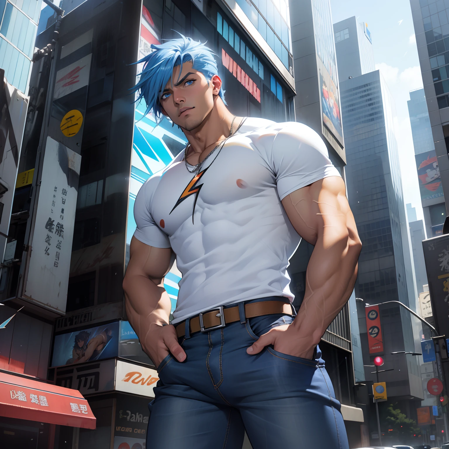 ((Anime style art)), Extremely muscular masculine character, tan skin, long rainbow hair, sapphire blue eyes, bodybuilder body, wearing cobalt and silver shirt with lightning bolt shaped holed cutout ((chest window)) futuristic crystal tower cityscape, Busy route, Buildings, person open denim shirt, jeans,
AS & Vehicles. Main character from the anime, superhero, Nice image, Hard drive, 4k, Main character