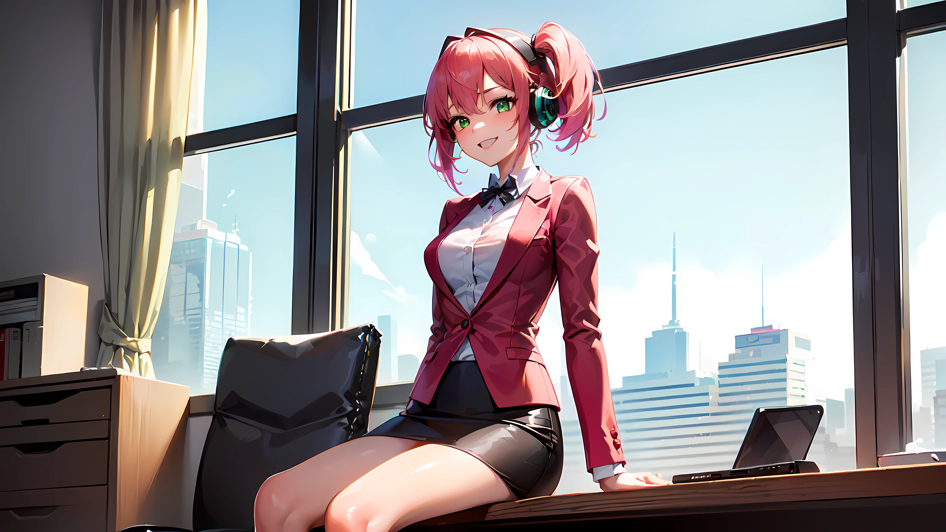 ​hd masterpiece, 1girl ((20year old, dressed in a tight red business suit, business suit jacket, tight white shirt, tight medium business skirt:1.2, high heels, medium breasts, multicolor pink hair, twin ponytails, perfect model body, green eyes:1.5, flirting, happy, big smile, wearing headphones, mid shot:1.3, sitting in a modern business office suite:1.2, with windows in the background:1.3, professional and casual atmosphere:1.2)) ((solo:1.6))