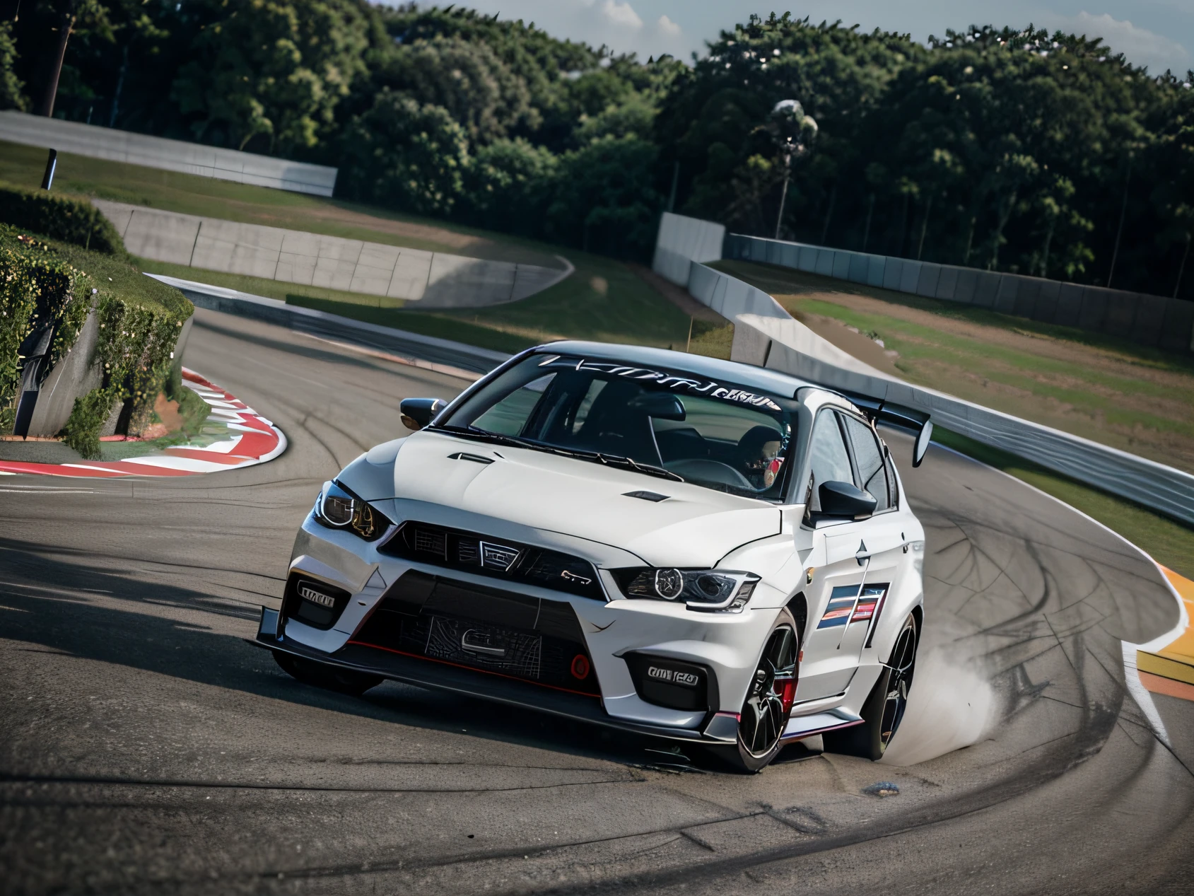 1 car, lancer evolution, touring car, fast car, track, circuit, liveries, ultra sharp image, high definition, cinematic lighting, dynamic image, high resolution, high quality, 8k, neoprene, ultra sharp focus