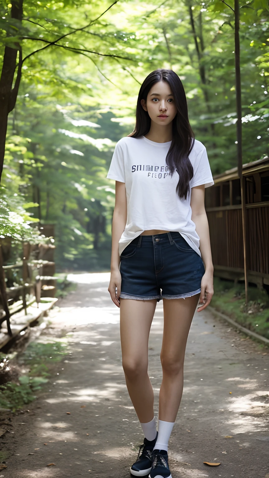 masterpiece, best quality, Surreal, Ultra Detailed, 8k resolution, RAW photos, Clear focus, (A girl in the forest), ((light gray shirt:1.1)), Short sleeve, sports Shorts,Full body posture, Solitary, Perfect body, Become a, 32 inches in the chest,(a charming smile:1), (sexy pose),26 years old, light,White shoes