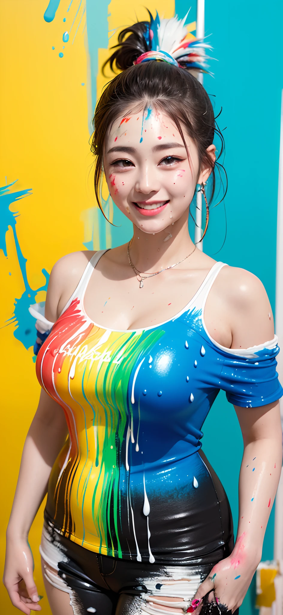 (solid background), ((a lot of thick acrylic pigment color splashes on a background and the girls clothes, vivid colors of splash and thick paints):1.9), large crystal clear eyes, (rainbow colored high ponytail hair:1.6), (exquisite makeup, long eyelashes, small fresh, wipe chest), (white off-shoulder Fashion T-shirt:1.2), (a lot of color splashes of thick acrylic pigment thick paint on her clothes:1.6), (Highest Image Quality, Masterpiece, Depth of Field), (lovely smile, excited), (sometimes hold a cat in her arms:0.8),