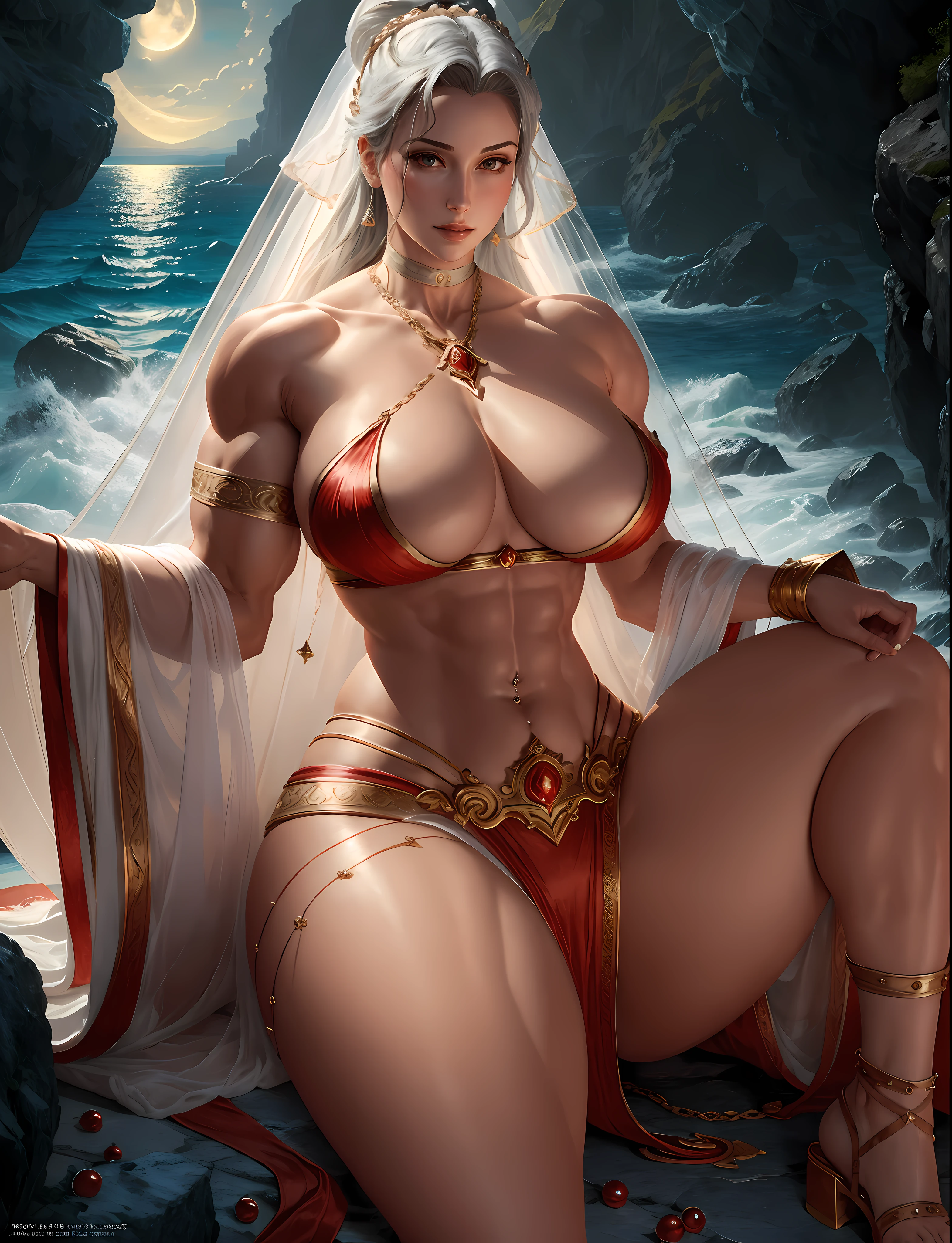 Masterpiece, Best Quality, (Perfect Face:1.1) , (High Detail:1.1), Hera, Goddess of Motherhood and Chastity, Bathing Scene, Dramatic, Female Triplets, Breasts, White Hair, Gray Hair, Blue Eyes, Cleavage, Long Hair, Curvaceous, Big, Moon, See-through, Night, Dress, Thighs, Navel, White Dress, Thonged Choker, Bare Shoulders, Wide Hips, Thick Thighs, Lips, Covered, Laced Robes, pelvic curtains, laced pelvic curtains, toned pelvis, toned hips, milky hips, navel piercings, body piercings, huge chest, muscles, large biceps, thigh muscles, bruised knees, knee-down shorts, garter belt, white heels, white sandals, body piercings, chun-li thighs, neck chains, chains wrapped around the body, castle, detailed background of rocky areas in the Aegean Sea, Art, film lighting by Artgerm and Greg Rutkowski, (((((MUSCULAR))))). (((red skin)))