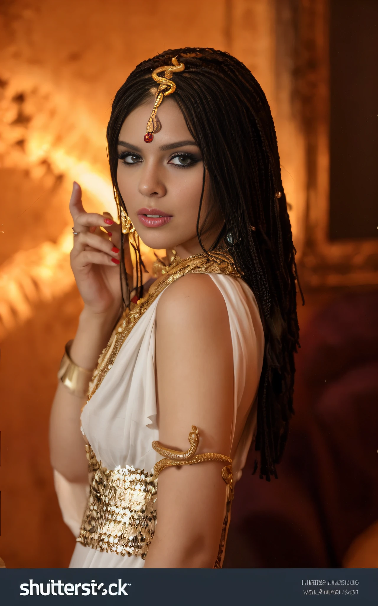 foto RAW, una mujer disfrazada de Cleopatra posando para una foto, arte egipcio, trenzas elegantes, cosplay, maquillaje egipcio, vestido blanco antiguo, primer plano, álbuml ,8k UHD, DSLR, soft illuminaotion, alta calidad, movie grain, Fujifilm XT3