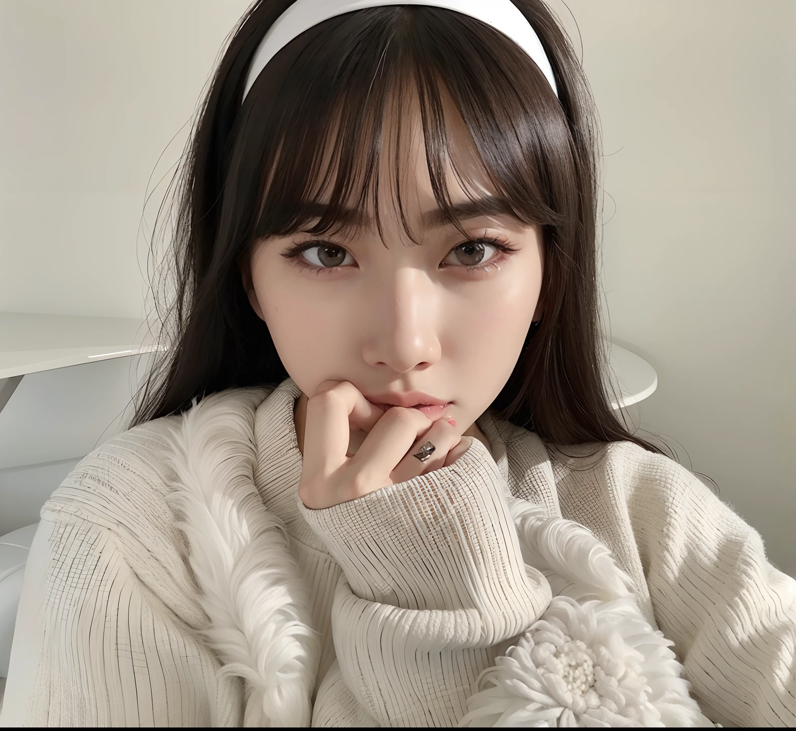 Arafed woman in a white sweater and a white headband, Ulzzang, cabelo arrumado com franja, franja fofa, franja branca, Ela tem cabelo preto com franja, com franja, franja contundente cai em sua testa, Lalisa Manobal, young adorable korean face, testa larga, Jaeyeon Nam, com franja completa, Jinyoung Canela, Heonhwa Choe