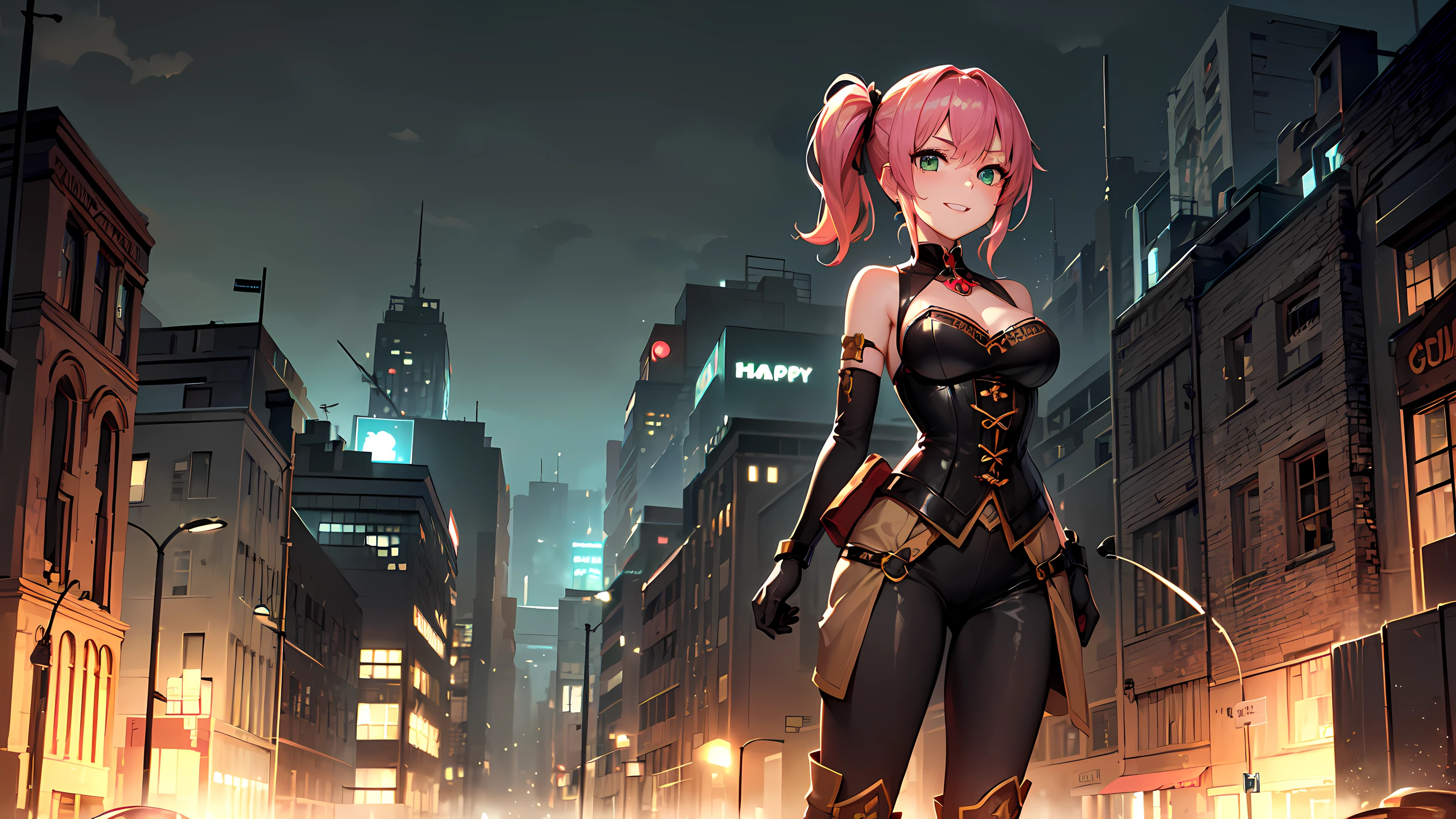 masterpiece, 1girl ((20year old, dressed in tight steampunk attire, corset, boots, medium breasts, multicolor pink hair, twin ponytails, perfect model body:1.3, detailed green eyes:1.5, flirting, happy, big smile, standing in a dystopian city street, surrounded by dystopian steampunk inspired buildings in the background:1.3, ominous and exciting atmosphere:1.2)) ((solo:1.6)) ((evening time))