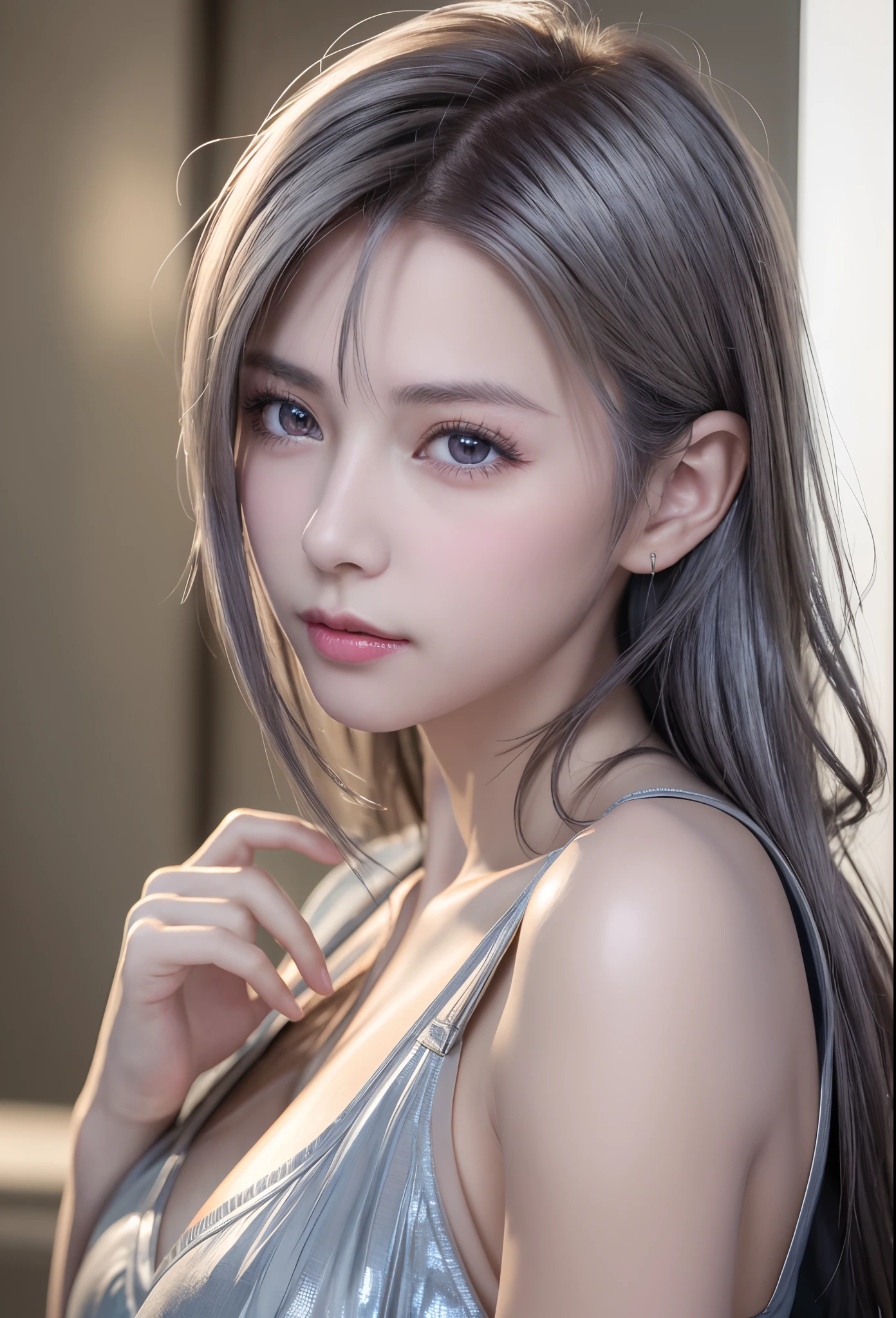 (8K, Photorealistic, Raw photo, of the highest quality: 1.3), (1girl in), Super beautiful, (Realistic face), (boyish, Silver Color Berry Shorthair), Beautiful , Glare that captivates the viewer, Beautiful expression, Beautiful breasts, (Realistic skin), Beautiful...
