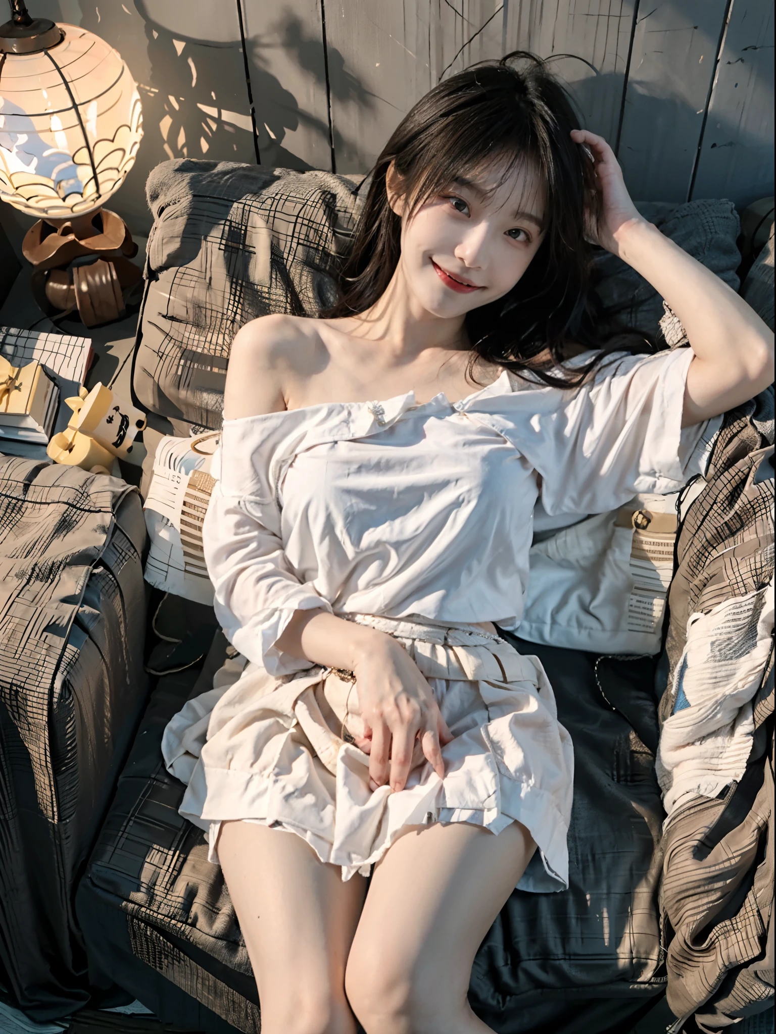 (full body), (from above), 1girl,Lie down on a comfortable couch,crossed legs,Soft light, off shoulder clothes, White color blouse, cropped shoulders, Pink pleated skirt, 20yr old，Korean model, slender leg, evil grin smile，Evil expression, warm lights, a warm color palette