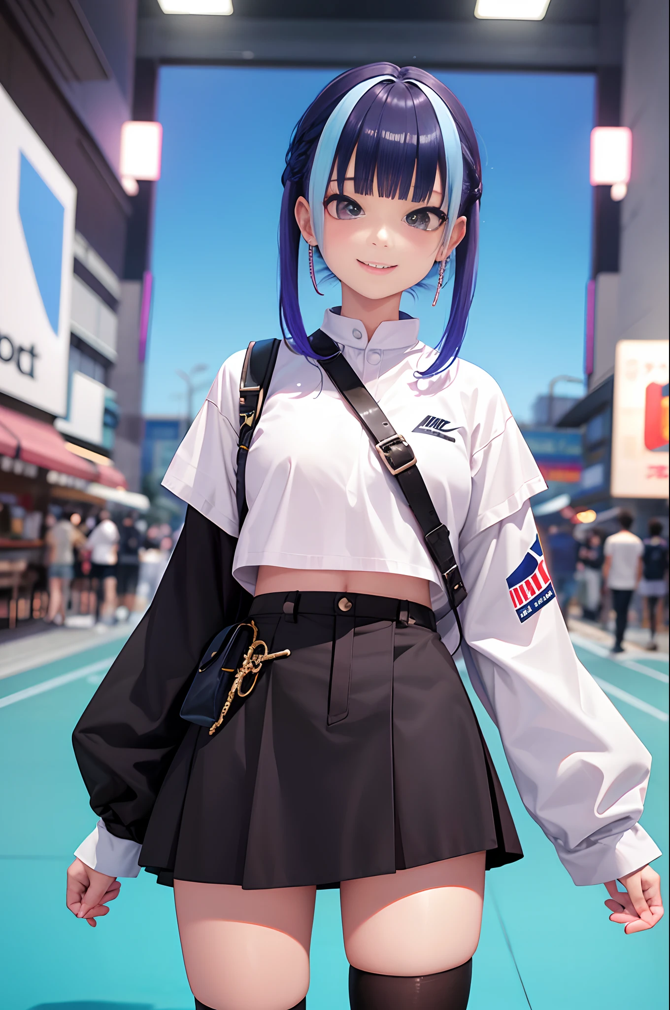 Background white、from behind、Back view、Turn around、From above、Nike、Piercing Woman、piercings、A smile、colourful hair,Black shorts、Blunt bangs、(a black skirt)、1girl in,Solo,Flashy hair、Photorealsitic, hight resolution, 1 rapariga, Golden and pink and light blue hair、Colorful Hair Color, Korea person, Cowboy Shot、