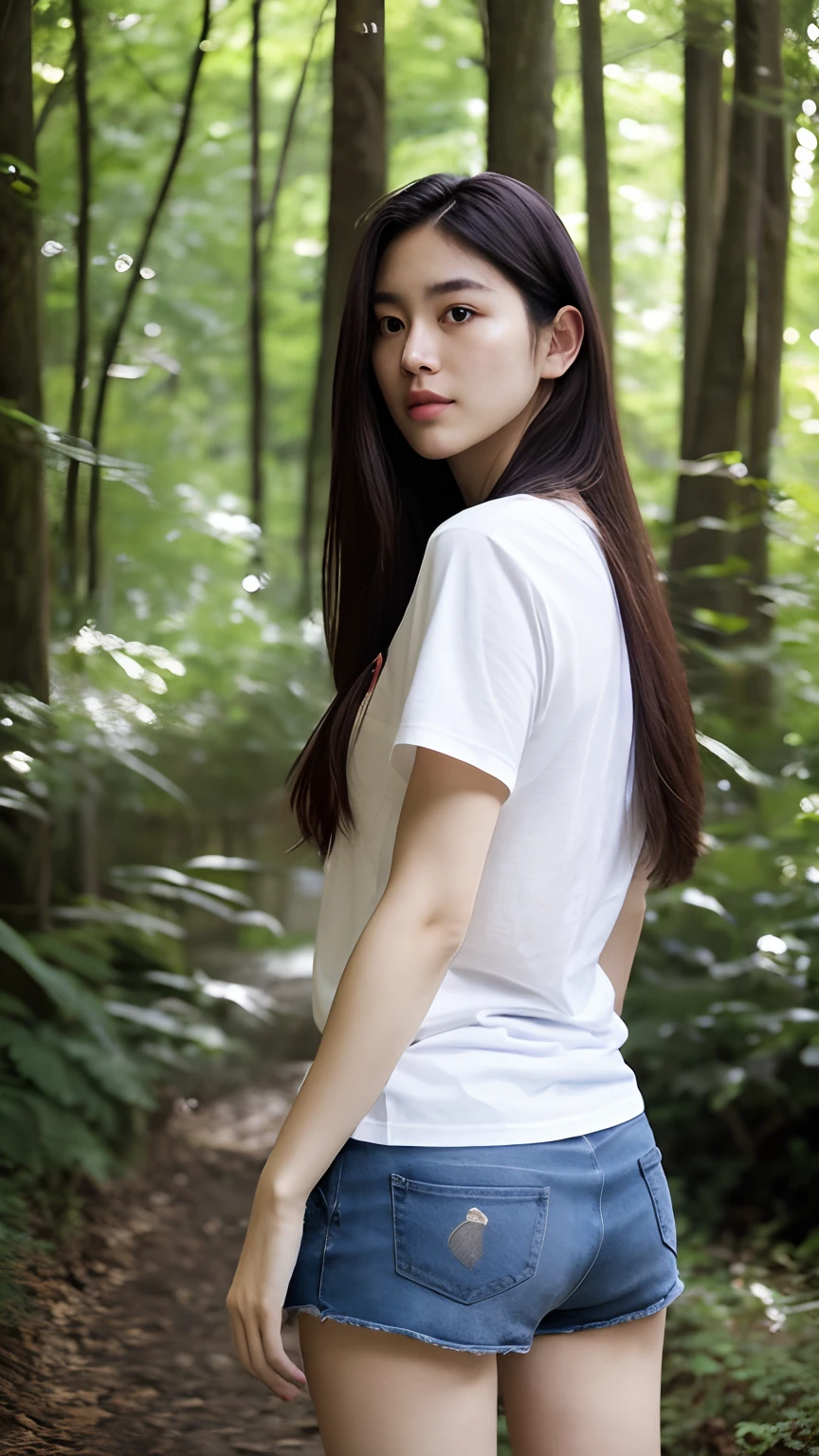 Long hair, tshirts、shortpants、Sunnyday, ,Outdoors, ln the forest,Beautie