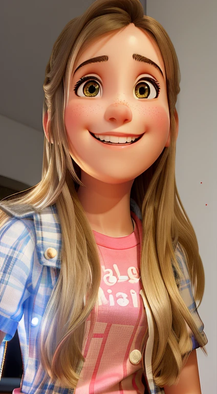 A smiling girl standing in front, illuminated by the light of a lamp, contra o pano de fundo de uma biblioteca