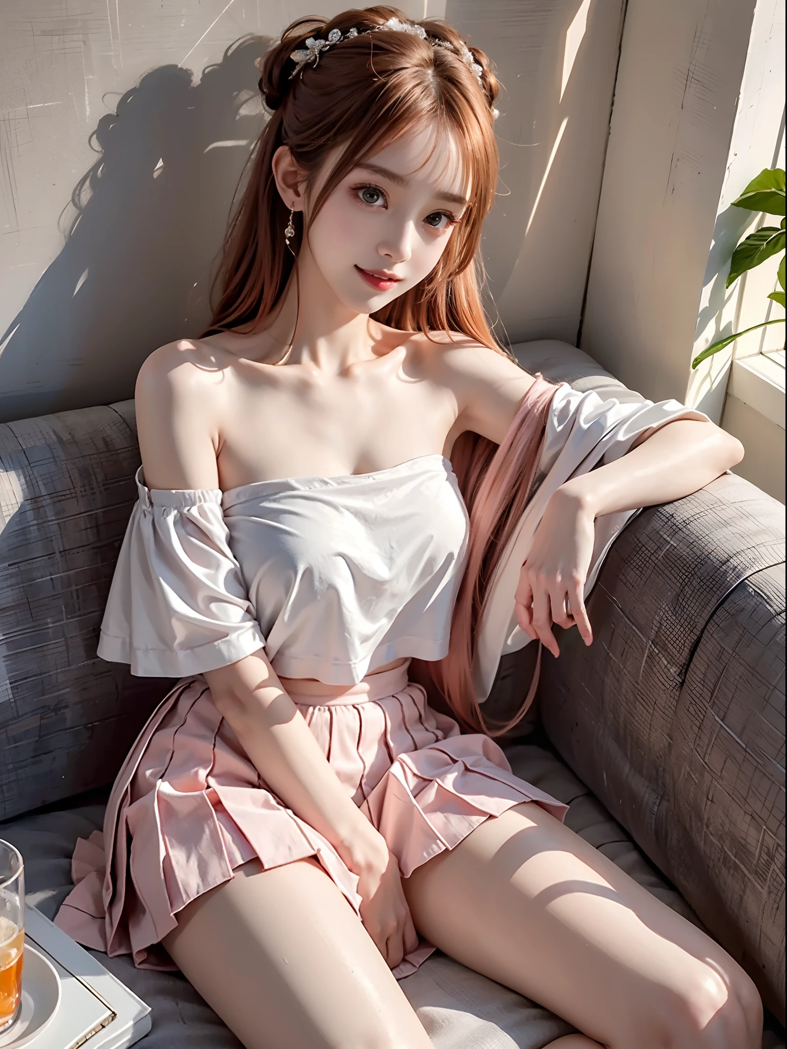 (full body), (from above), 1girl,Lie down on a comfortable couch,crossed legs,Soft light, off shoulder clothes, White color blouse, cropped shoulders, Pink pleated skirt, 20yr old，Korean model, slender leg, evil grin smile，Evil expression, warm lights, a warm color palette