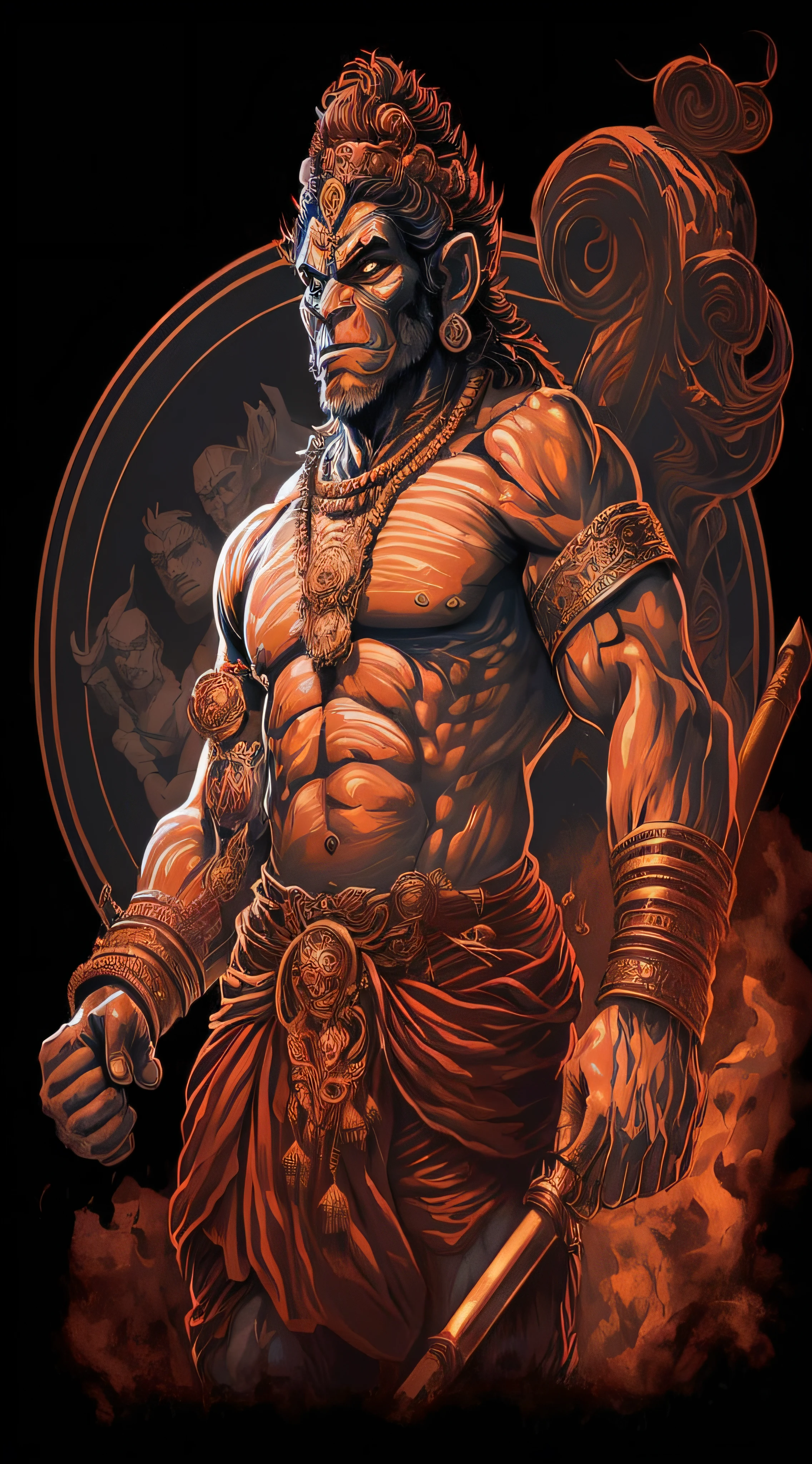 a digital illustration of a man with a sword and a demon on his chest, hanuman!! head building, cyborg hindu godbody, narasimha, god shiva the destroyer, asura from chinese myth, indian god, inspired by Kailash Chandra Meher, by Daryush Shokof, from ramayan, mark brooks detailed, epic full color illustration