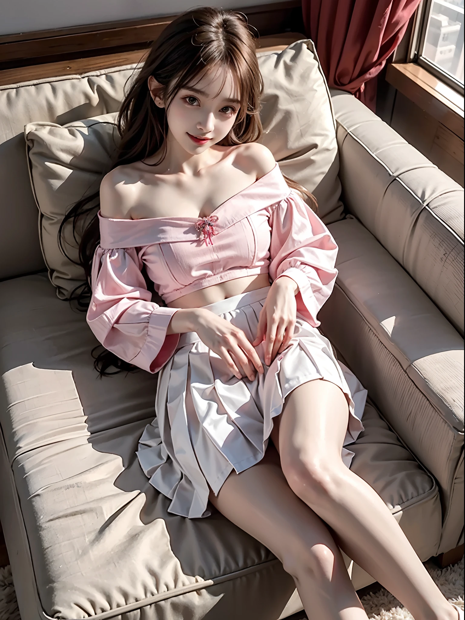 (full body), (from above), 1girl,Lie down on a comfortable couch,crossed legs,Soft light, off shoulder clothes, White color blouse, cropped shoulders, Pink pleated skirt, 20yr old,Korean model, slender leg, evil grin smile,Evil expression, warm lights, a warm color palette