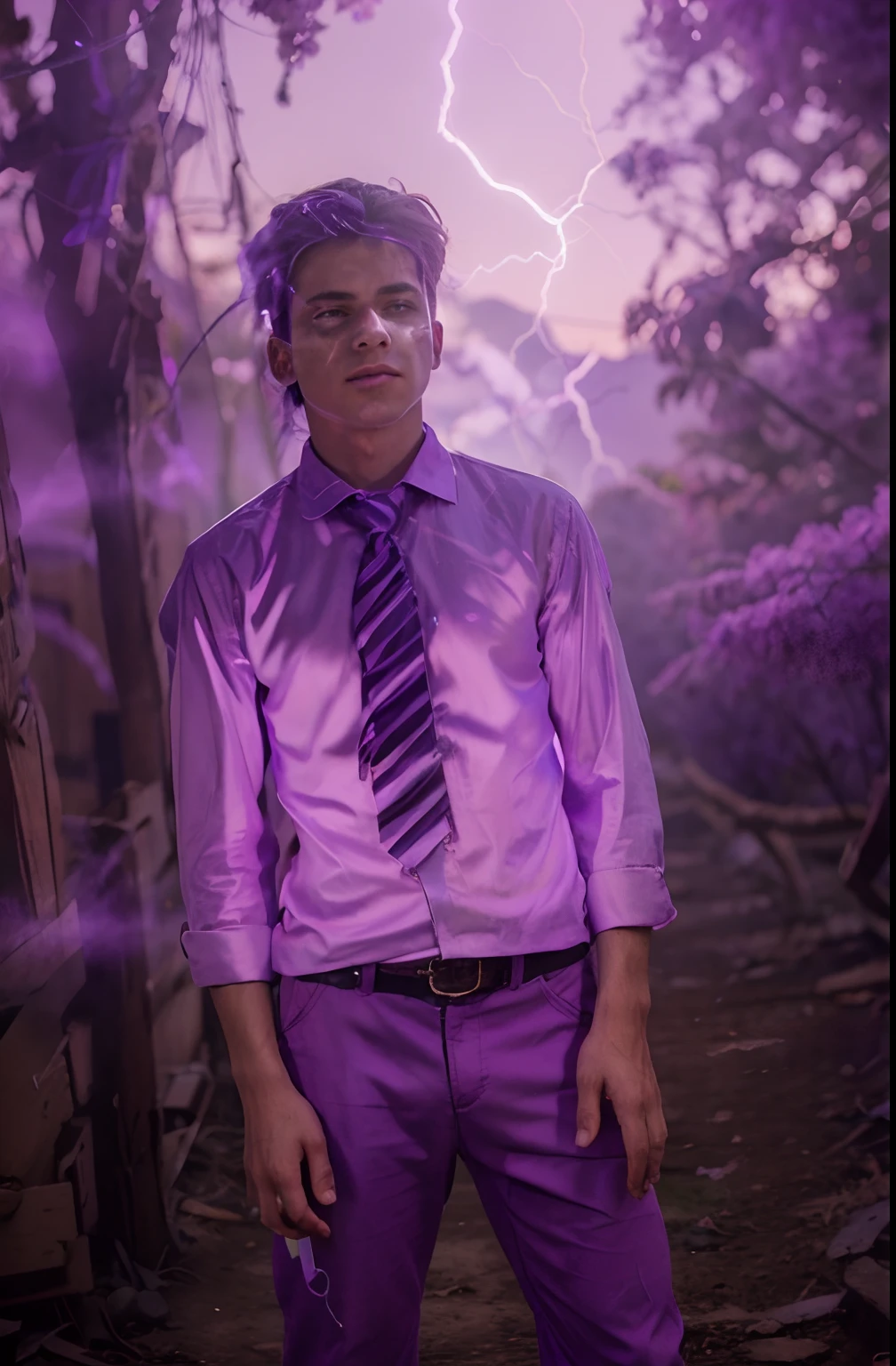 1boy,cowboy shot,purple electricity,purple aura,purple lightning,condense energy in his hands,