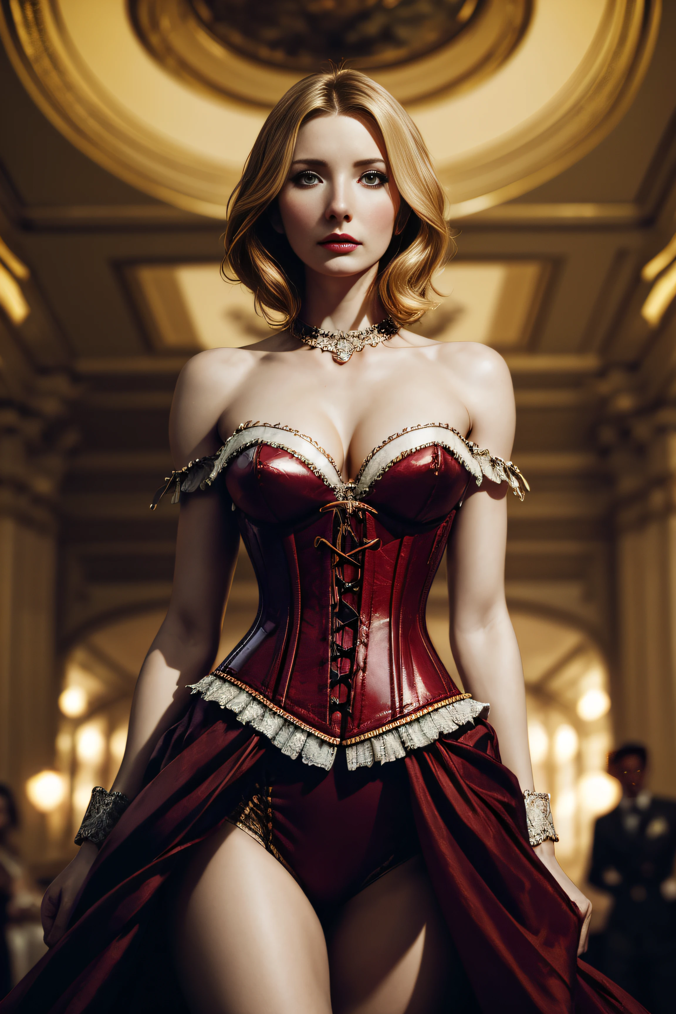 Annabelle Wallis, wearingelegant corset sexy clothes, standing inside a crowded ballroom, character portrait, 3 9 9 0 s, short hair, intricate, elegant, highly detailed, digital painting, artstation, concept art, smooth, sharp focus, illustration, art by wlop, charlie bowater and alexandra fomina