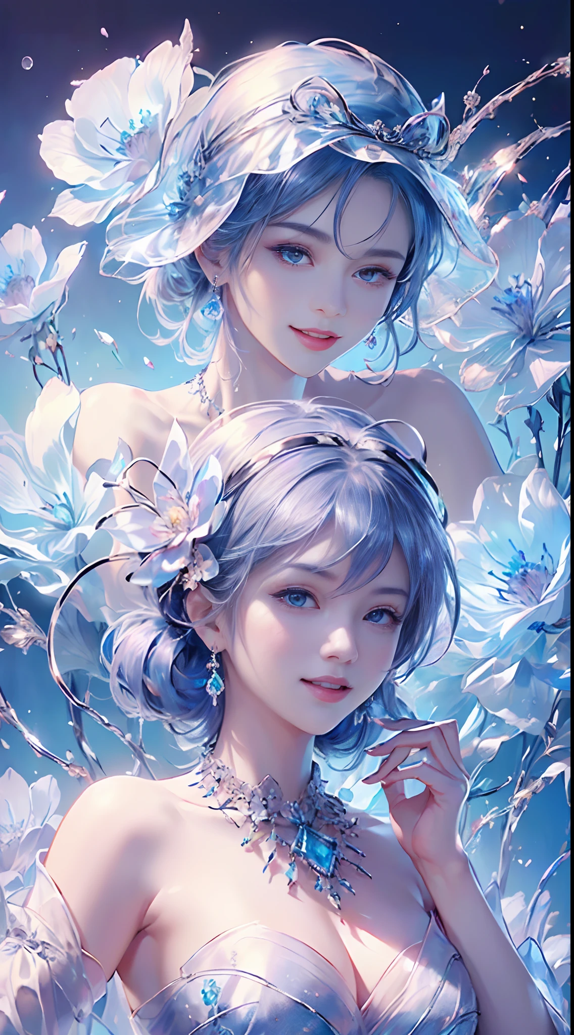 tmasterpiece,Highest high resolution,((((Bow your head and smile)))),Dynamic avatar of a beautiful aristocratic girl,Blue hair is gracefully curled,(((Wearing a crown of huge flowers、Bucket Hat,jewely,Diamond necklace))),Purple clear eyes,(((Hair is covered with beautiful and delicate floral craftsmanship, Crystal Jewelry Filigree))),Ultra-detailed details。