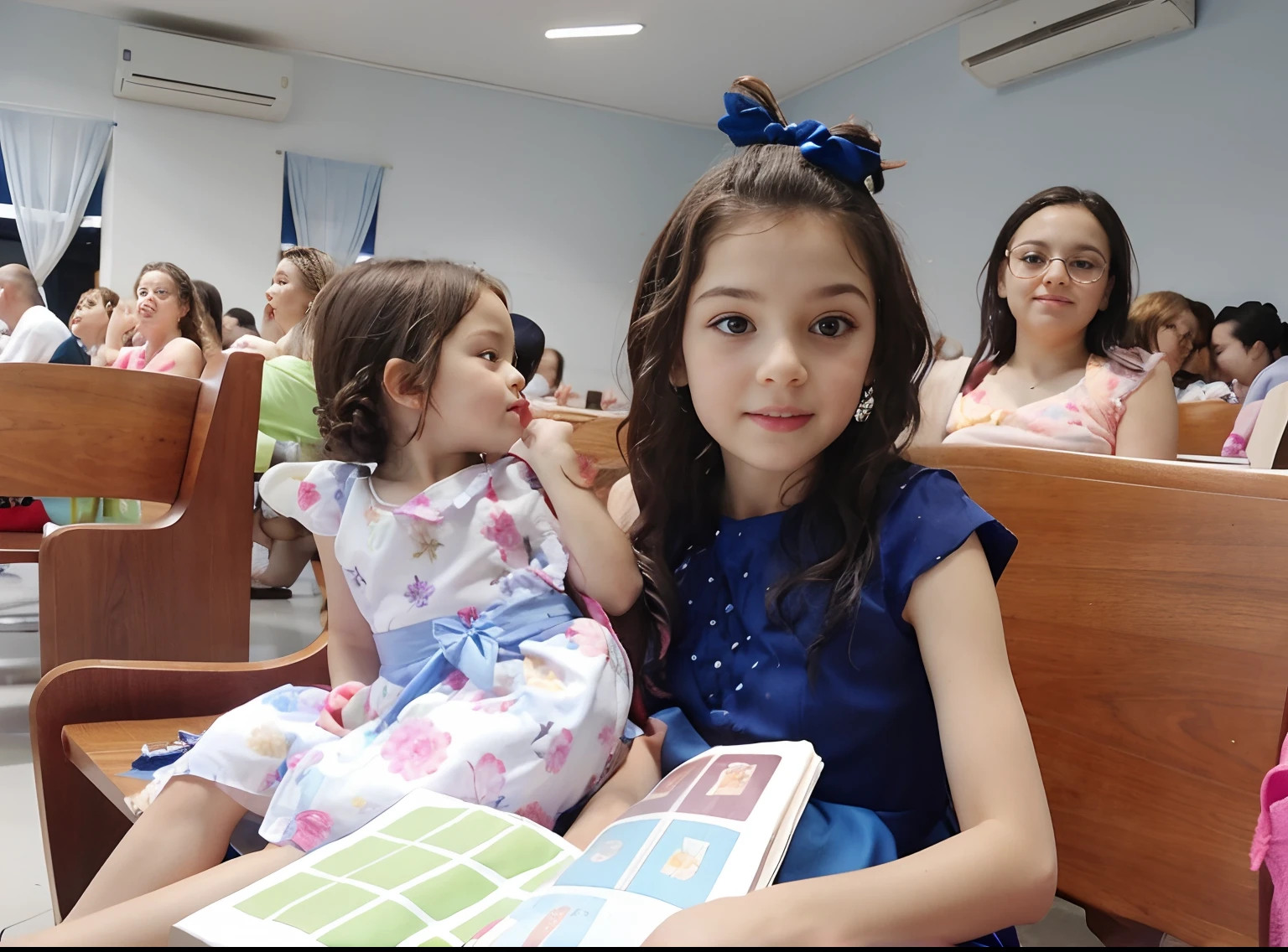 six year old girl, wearing blue dress, slightly curly hair