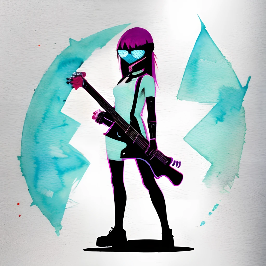 guitar,cyber punk,very watercolor,woman,Pixel art