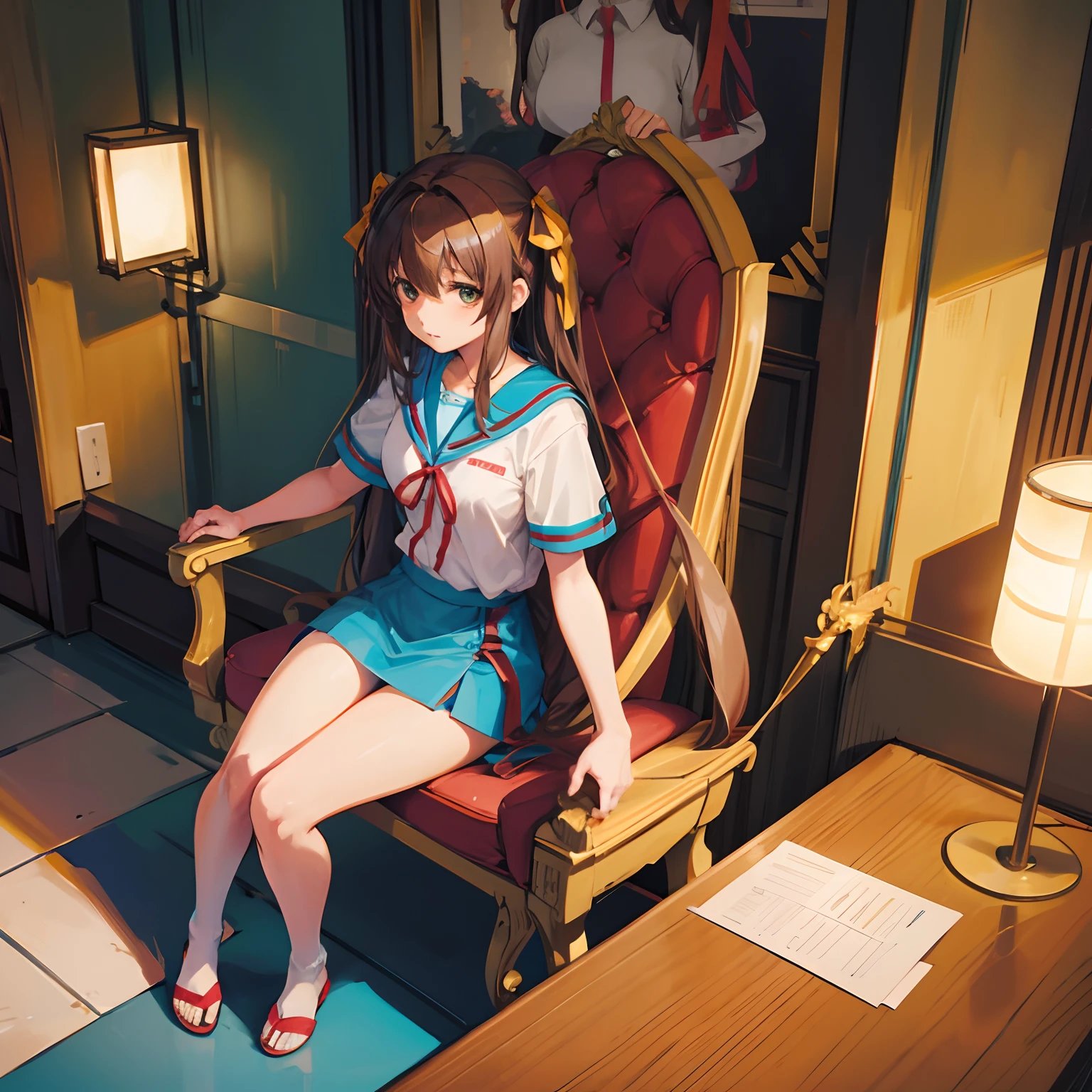 suzumiya haruhi sitting in a throne