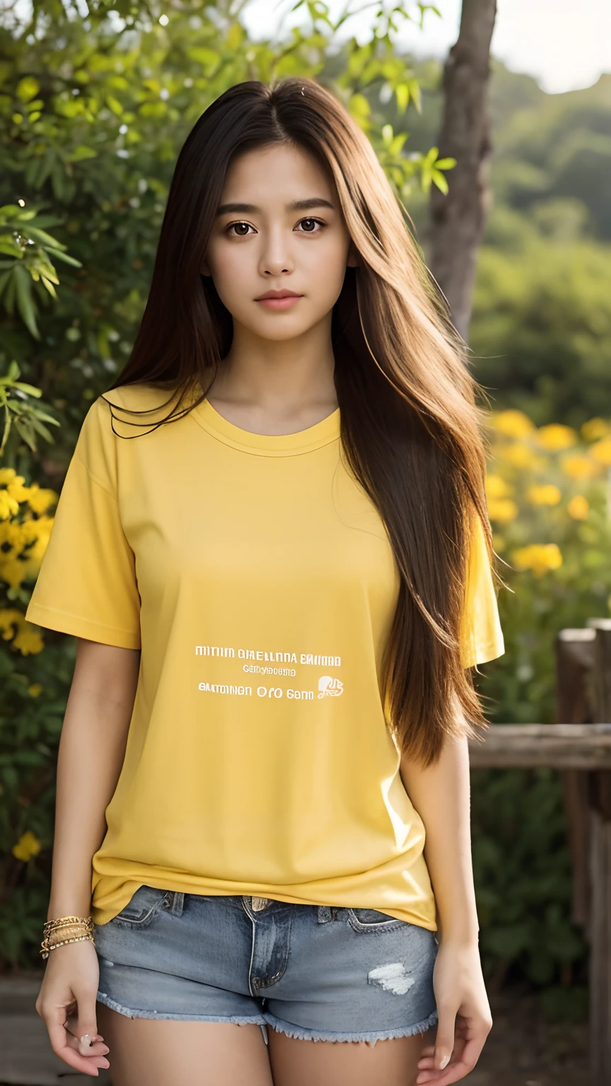 Long hair, Yellow T-shirt、micromini、 ,Outdoors, Mare,Beautie