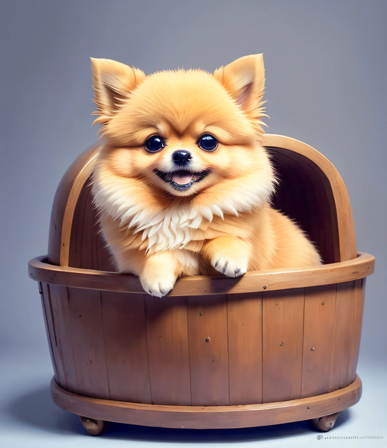 Pomeranian dog sitting in a cade, Mistura Pomeriana, Jazzy, by APeláez, ela tem um rosto expressivo bonito, patas na roda, Directed by: Luis Miranda, Charlie, Pop, a full-color airbrushed, pet animal, paralelo, retrato!!, super adorable, no set