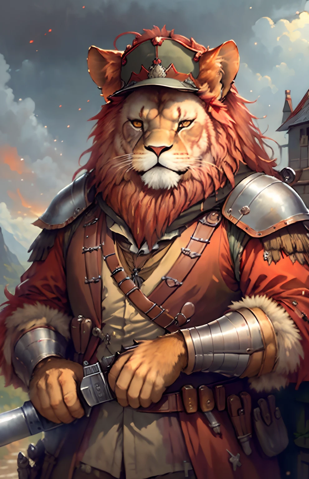 Oealism, Realism, Painting by Jean-Baptiste Monge depicting a large adult lion, Bright red mane, Evil Look, dressed in military uniform, hat on his head, In the hands of a weapon, stands on a ledge, , jean - baptiste monge, anthropomorphic --ar 2:3 --testp -optimistic;