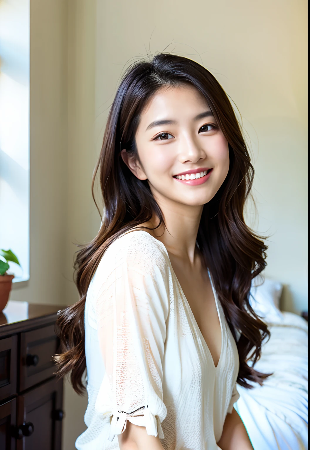 (8k, RAW photo, best quality, masterpiece: 1.2), (photorealistic : 1.6), (masterpiece), (best quality: 1.0), (highest quality: 1.0), (ultra hi-res: 1.0), detail, one, detail beautiful skin, detail room, ,realistic skin, middle breast, best quality, ultra high definition, cute, long hair, smile, , white shirt, , sitting on bed,