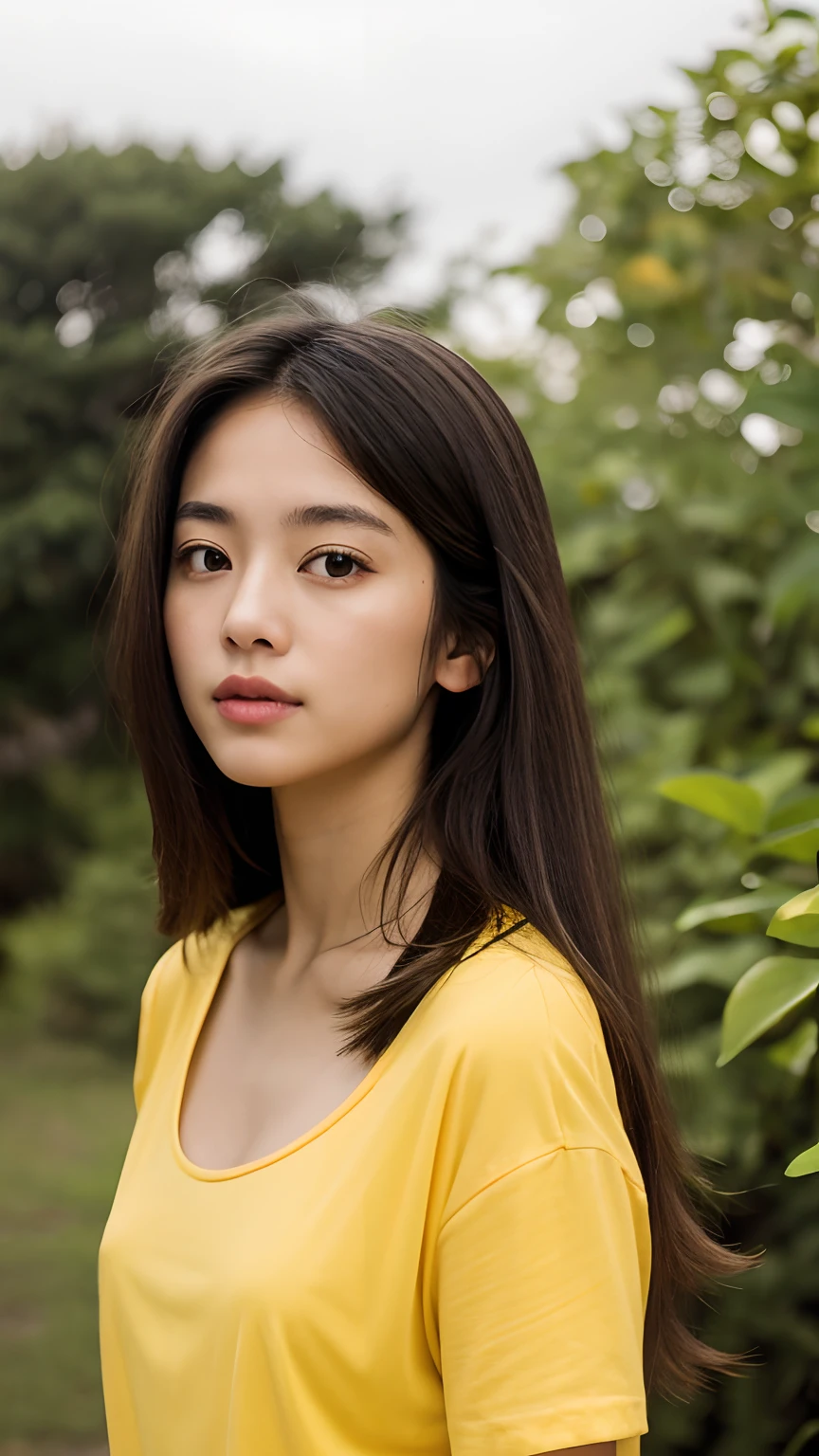 Long hair, Yellow T-shirt、micromini、 ,Outdoors, Mare,Beautie