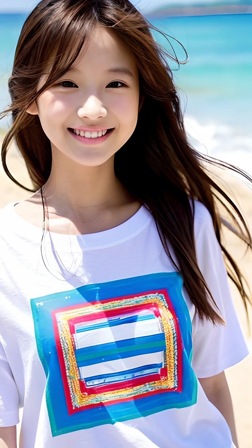 Long hair, Bright patterned T-shirt、micromini, the beach,Beautie、kawaii、a smile