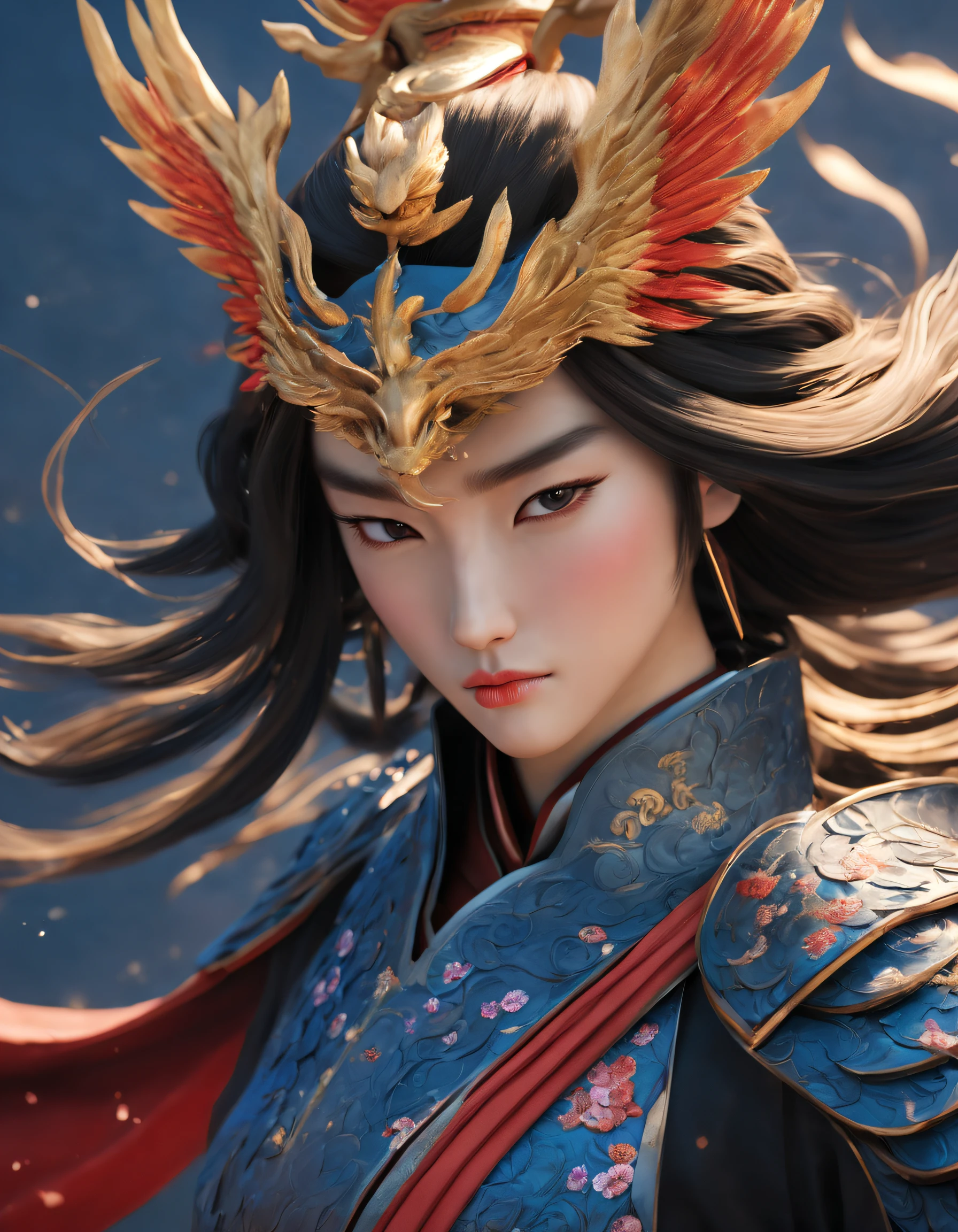 3D rendering of (Close-up of Hana Mulan wearing a phoenix helmet and dark blue armor and a sword), （Close-up of the front avatar）, Sword，Sword，Sword，Sword，（Under his neck was a sword that shone with cold light：1.37）, （Suicide by suffocation of the neck：1.3），The handle is engraved with a beautiful pattern, Very long hair, Ebony hair, Big black eyes, Long eyelashes, Sexy red lips, Resolute expression, (The upper body wears dark blue armor made of fish scales and iron), (The armor was also inlaid with golden stars), (floral embroidery: 1.2), (Cloak decorated in black and gold), disney movie《Mulan》, Martial arts, Kungfu, Chinese exquisite clothing, Wield your sword，Cut through the clouds, Stars are displayed，embroidery
background: (Blood splatter：1.37），（Red Phoenix: 1.1）， Scarlet night sky, (A round of the moon,), Sand and foam spinning, Blue gas vortex, Spun sand and foam, Dusty,,{{Masterpiece}}, {{{Best quality}}},{{Ultra-detailed}}, {{illustration}},{{Disheveled hair}},{{Masterpiece}},{{{Best quality}}},{{Ultra-detailed}}, {{{illustration}}},{{Disheveled hair}},Clear facial features,close up photograph,black ink painting,Aubrey Beardsley（Aubrey Beardsley）a beautiful painting,Alphonse Mucha,Pixar style,Cartoon style,beatrix potter （beatrix potter） 's illustration,Refined atmosphere,Intense atmosphere, microscopic view,Close-up(CU),Extreme closeup,back Lighting,