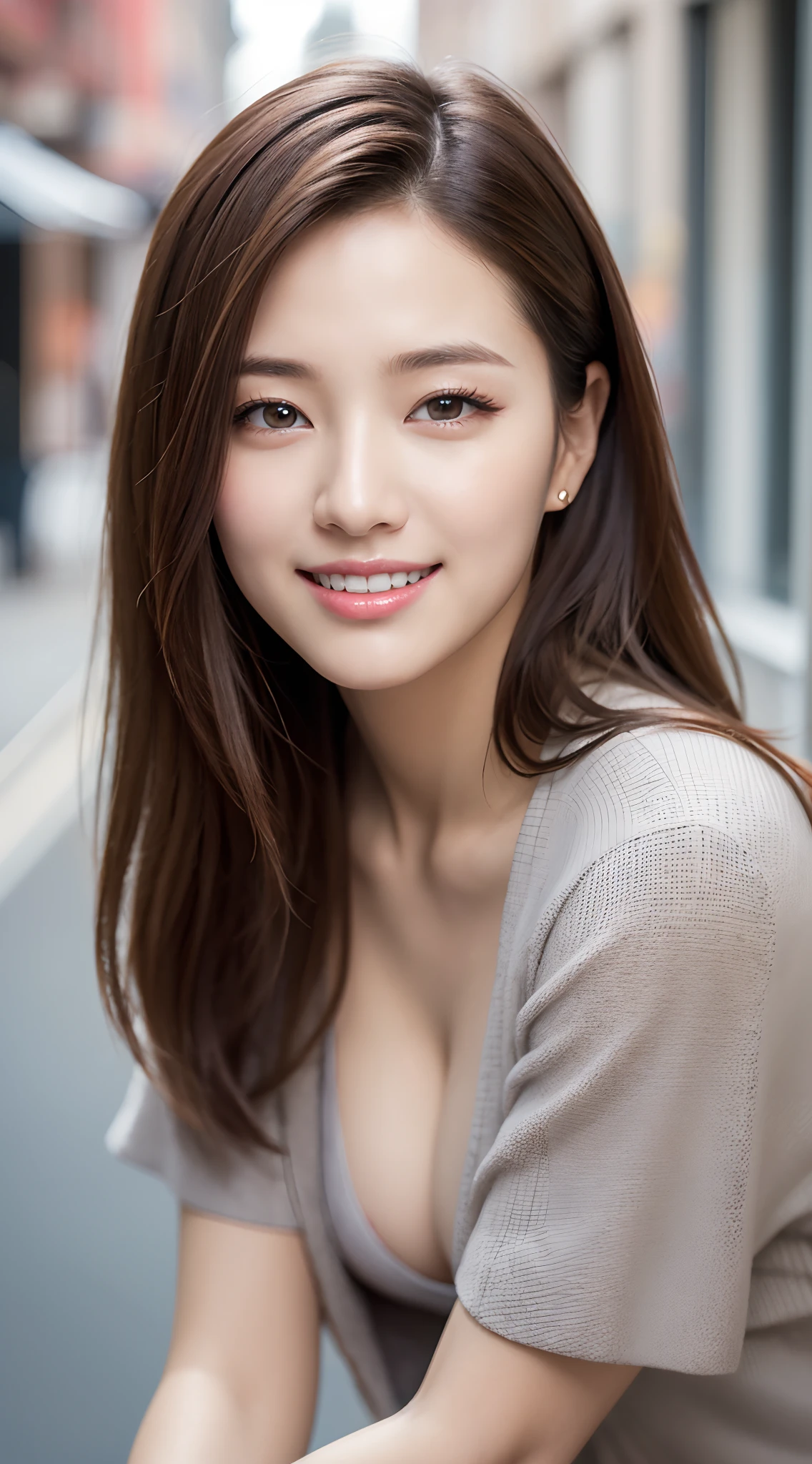 masutepiece, Best Quality, Photorealistic, Super detailed details, finely detail, High resolution, 8K Wallpaper, (1 person woman), Beautuful Women、Korean style makeup、Sharp face、Small face、Hanging eyes、Small cleavage、Beautiful teeth alignment、Light brown fluffy long hair, dressed casually, foco nítido, Perfect dynamic composition, Beautiful detailed eyes, Detailed realistic skin texture, Smiling, in a street、brown pupils、Wear small items、