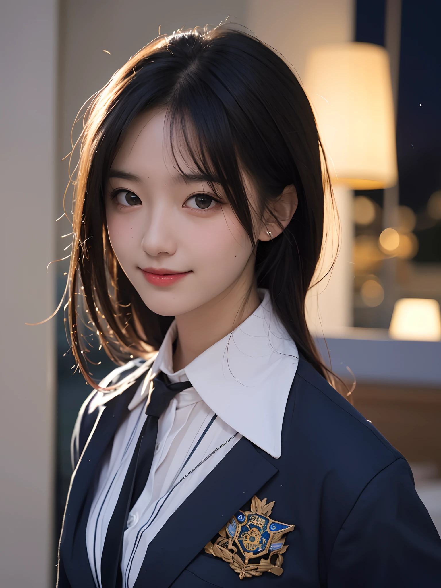 masutepiece, Best Quality, 8K, 8years old, Teen, Raw photo, absurderes, award winning portrait, Smile, Solo, (Night:1.8), Idol face, Delicate girl, Upper body, Digital SLR, Looking at Viewer, Candid, Sophisticated,Thin arms, Professional Lighting, Film grain, chromatic abberation, (Eyes and faces with detailed:1.0), (Bokeh:1.1) , (Stewardess uniform:1.1) , closes mouth