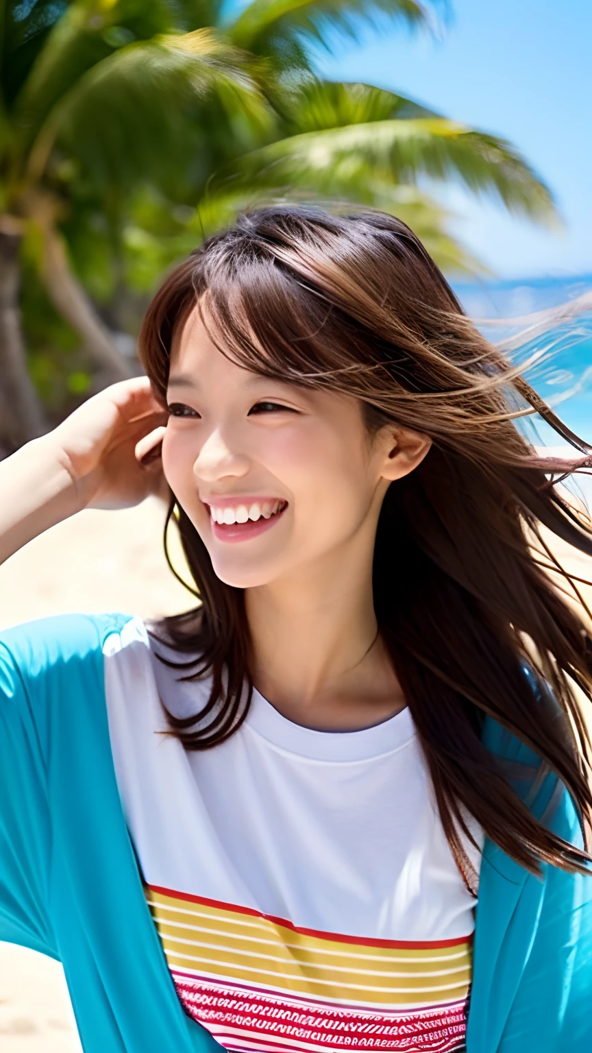 Long hair, Bright patterned T-shirt、micromini, the beach,Beautie、kawaii、a smile