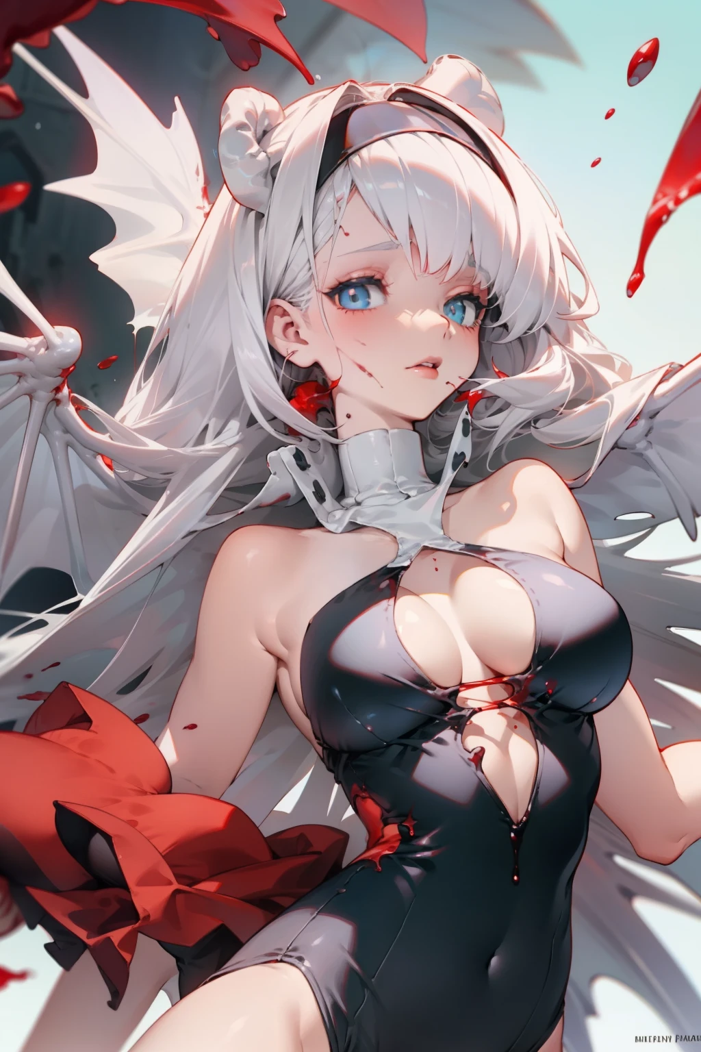 White color hair,succubi,have demon wings,There are wounds on the body,The wound bleeds,Deep V one-piece swimsuit,Bigboobs,Blood droplets splattered,Bloodline,Red silk thread