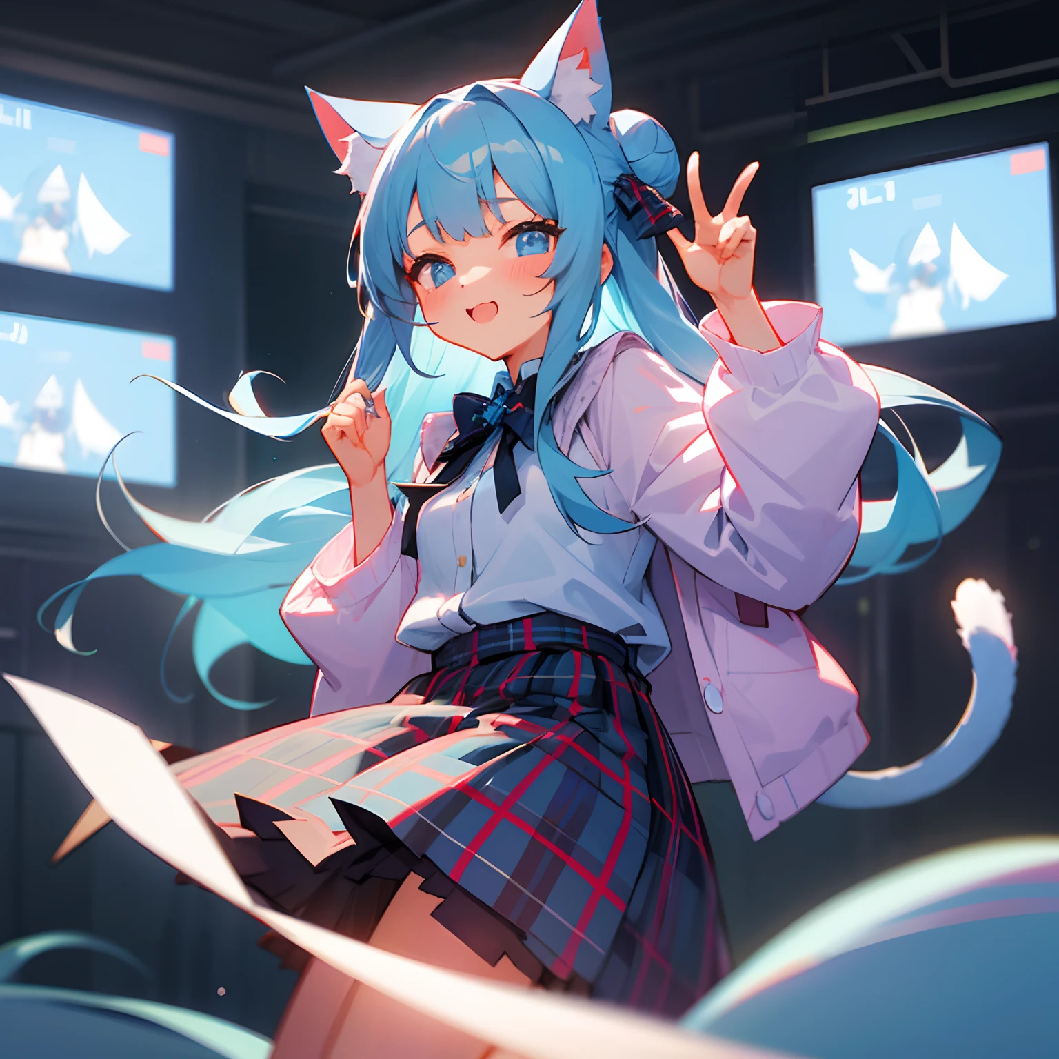 Light blue long-haired。Cat's ears。Hairstyle is bun。2 buns。I'm taking a photo booth。It's thriving。Gal Peace。Plaid clothes。Plaid skirt。tights